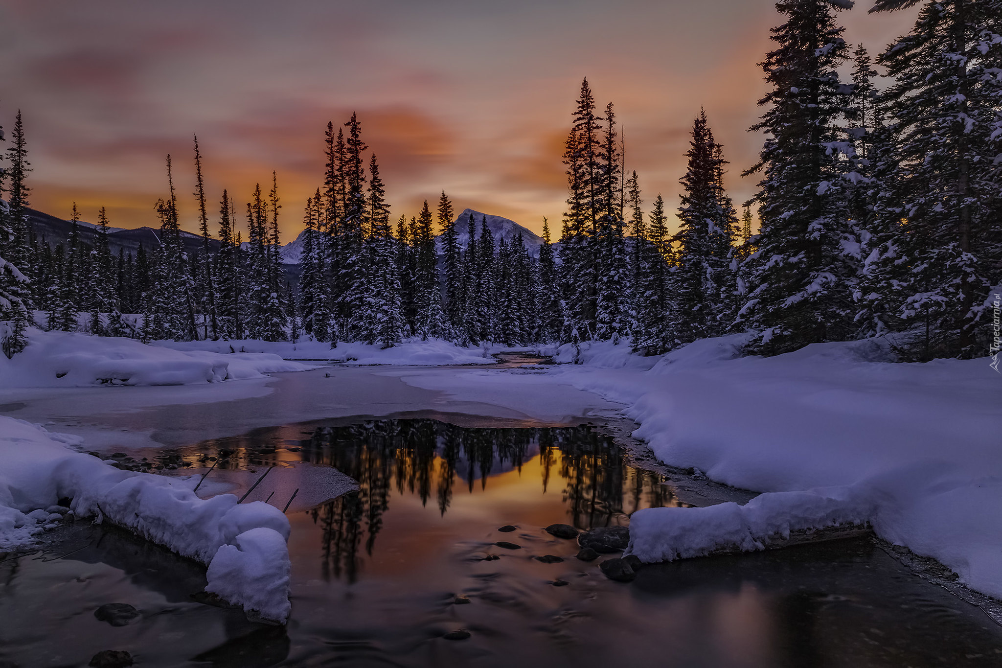 Kanada, Park Narodowy Banff, Zima, Las, Rzeka, Zachód Słońca
