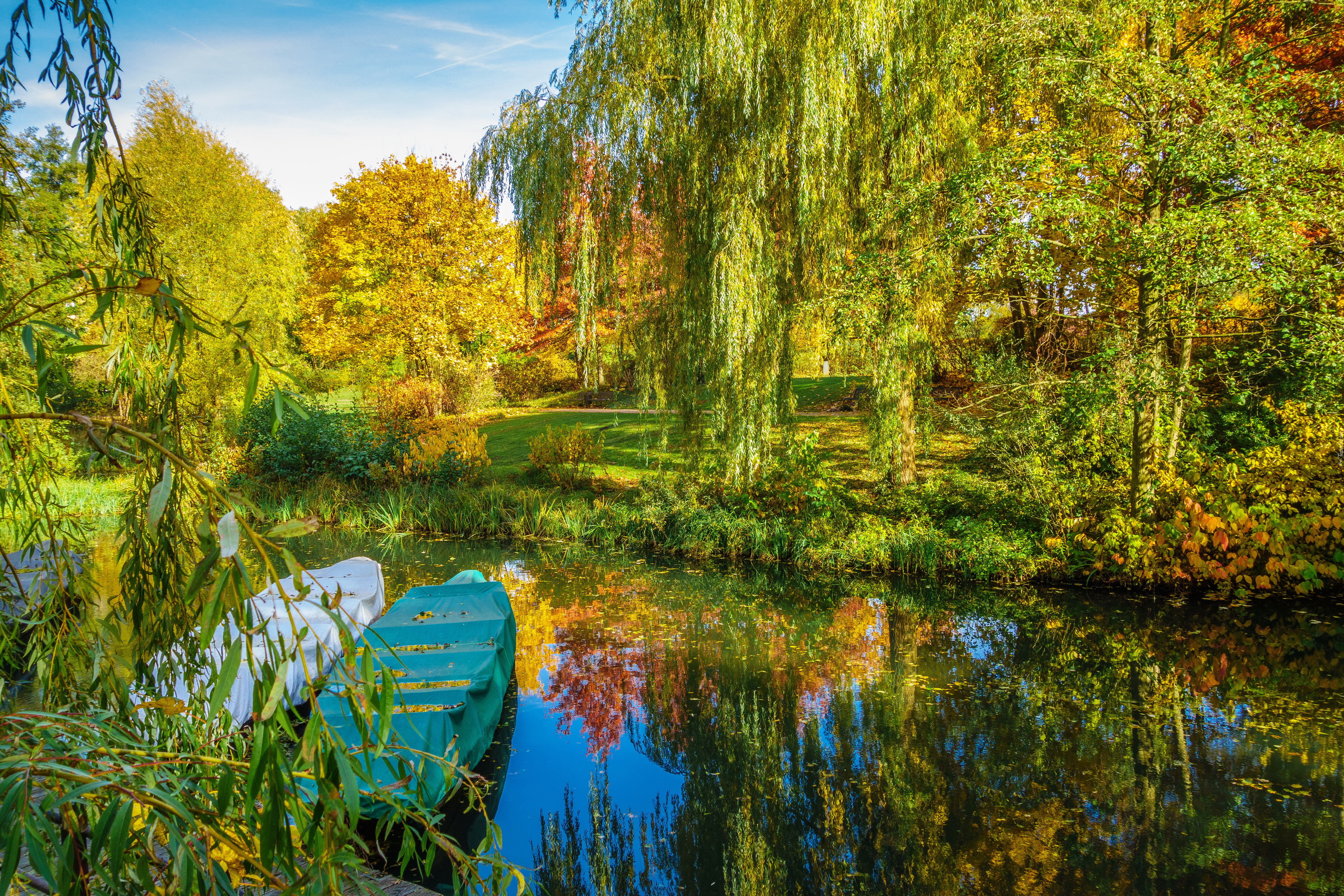 Jesień, Park, Staw, Łódki