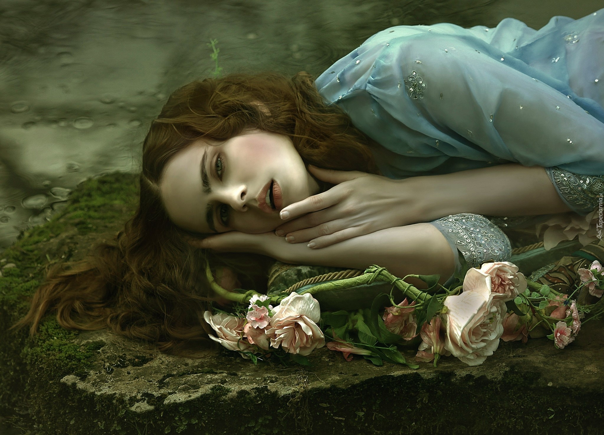 Leżąca, Kobieta, Róże, Kamień