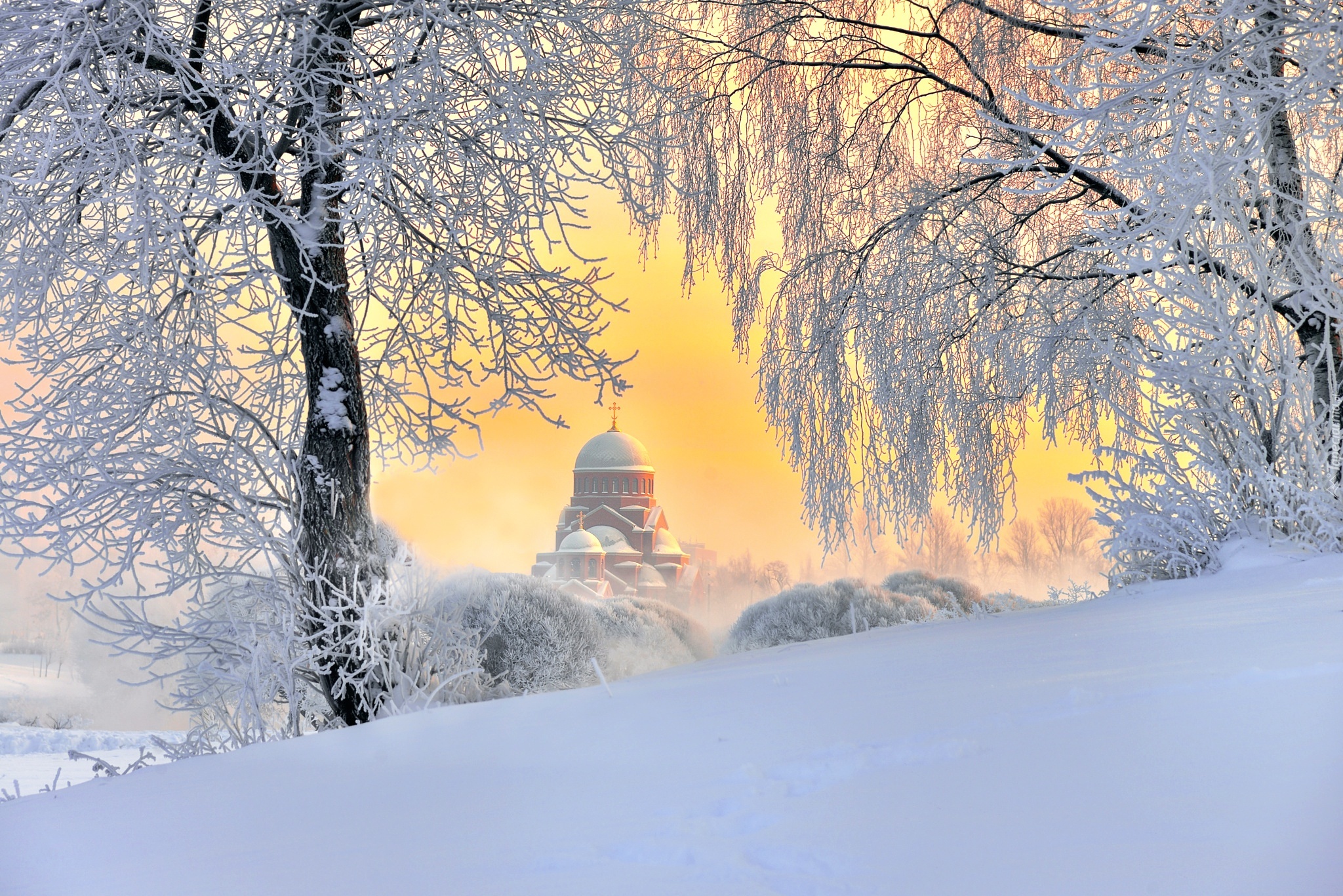 Zima, Śnieg, Świt, Cerkiew, Drzewa