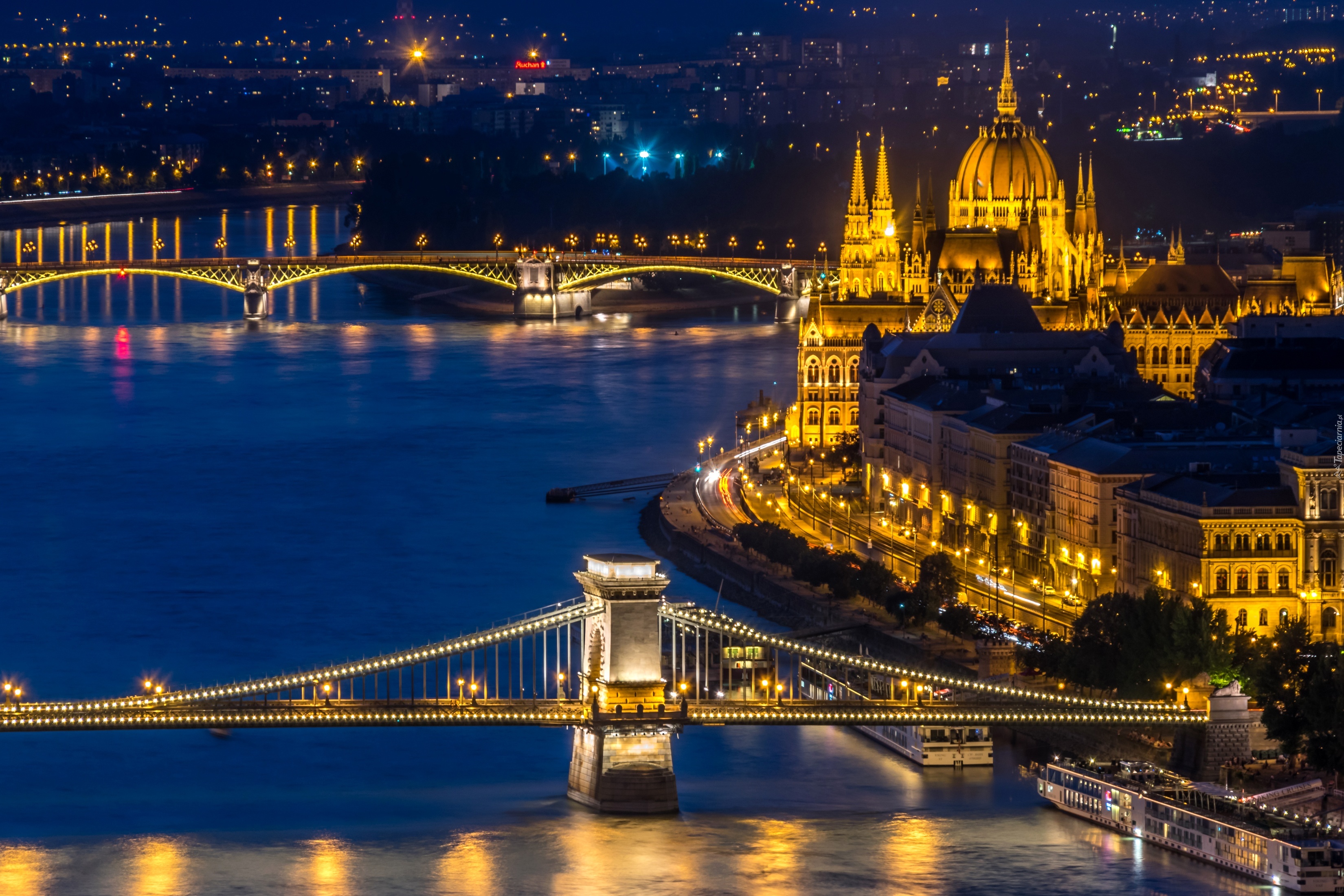Węgry, Dunaj, Most, Miasto, Noc, Budapeszt
