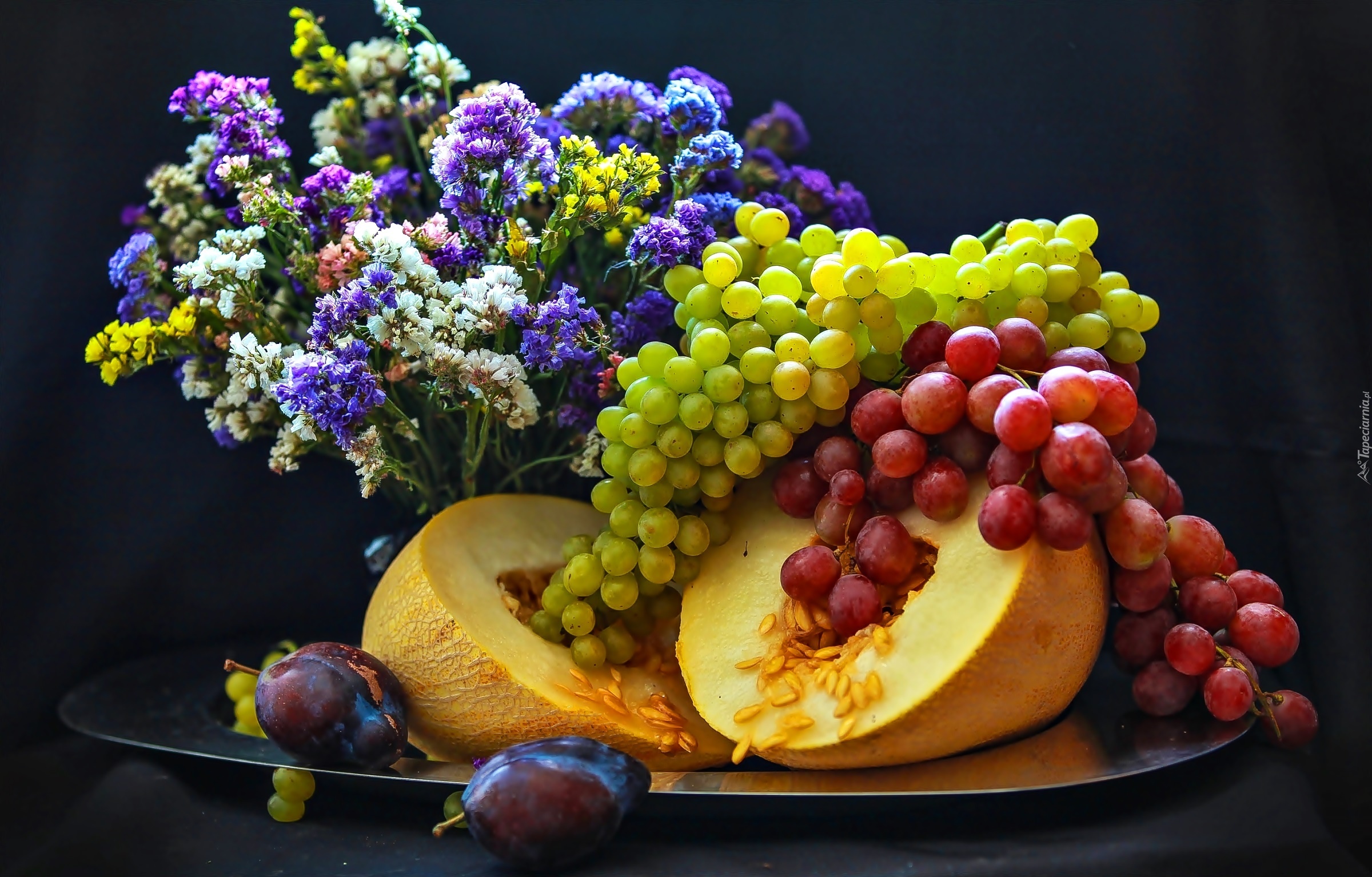 Melon, Winogrona, Śliwki, Bukiet Kwiatów, Kompozycja