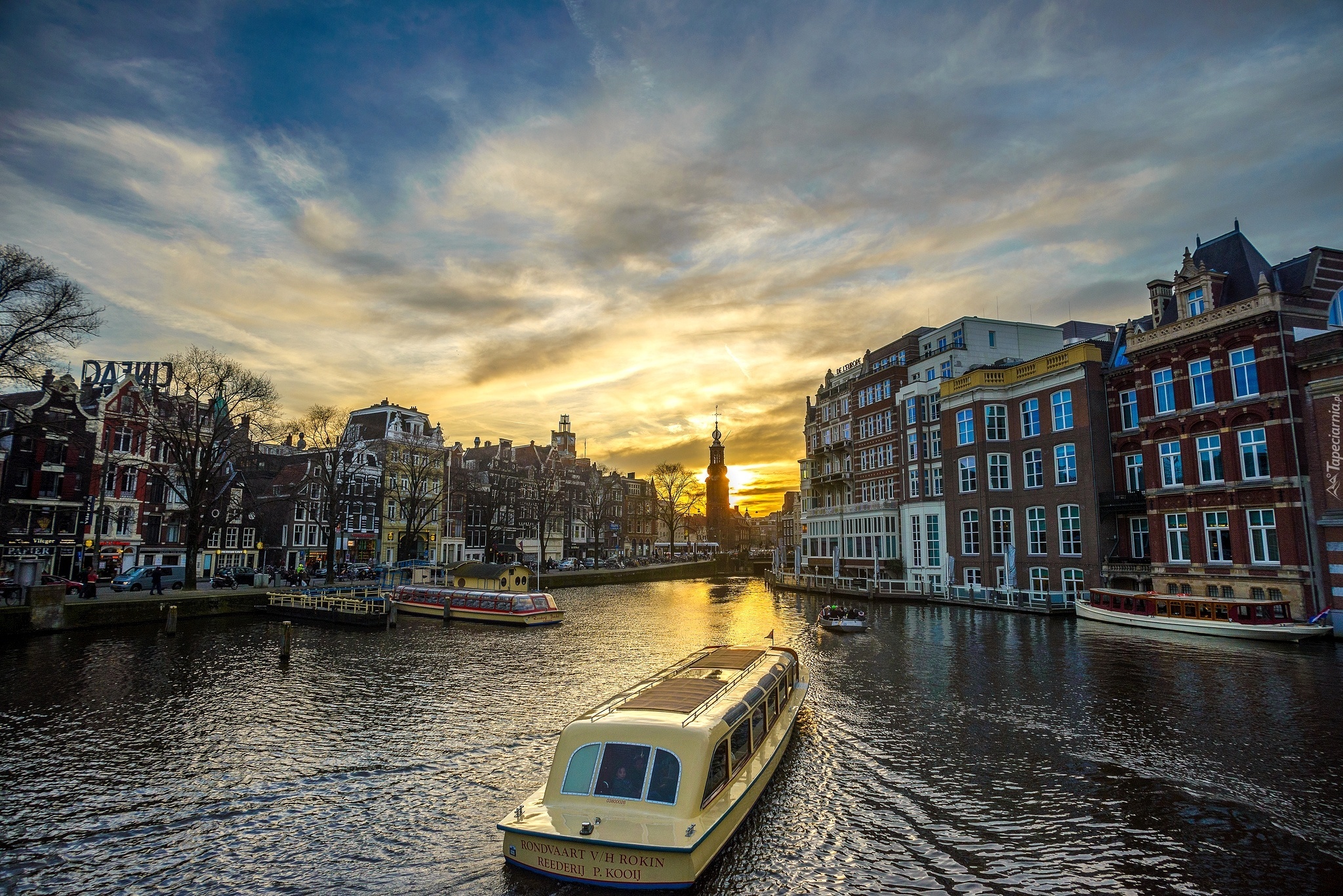 Holandia, Amsterdam, Domy, Statki, Rzeka, Wschód, Słońca