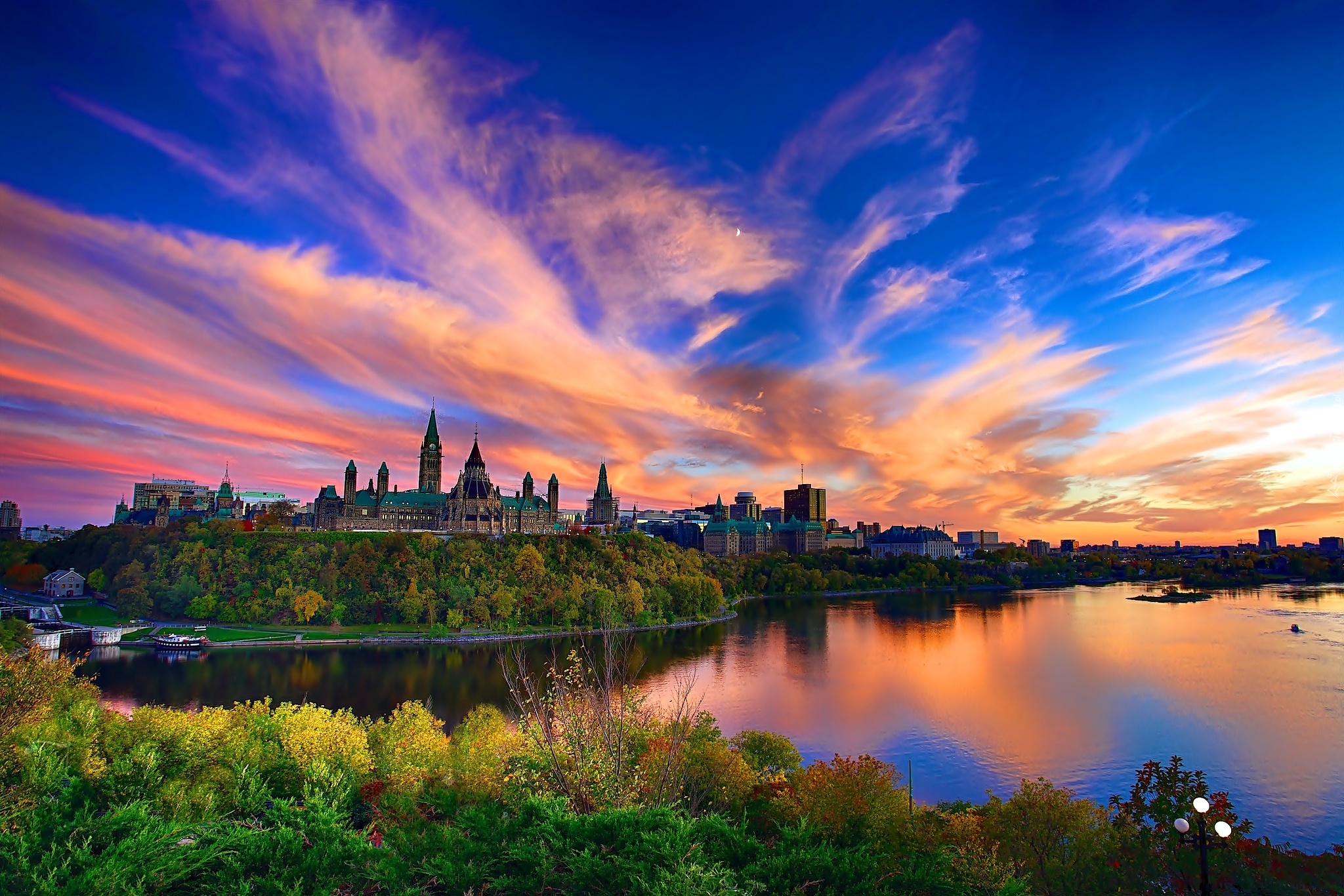 Rzeka, Ottawa, Zachód Słońca, Parlament Hill, Kanada