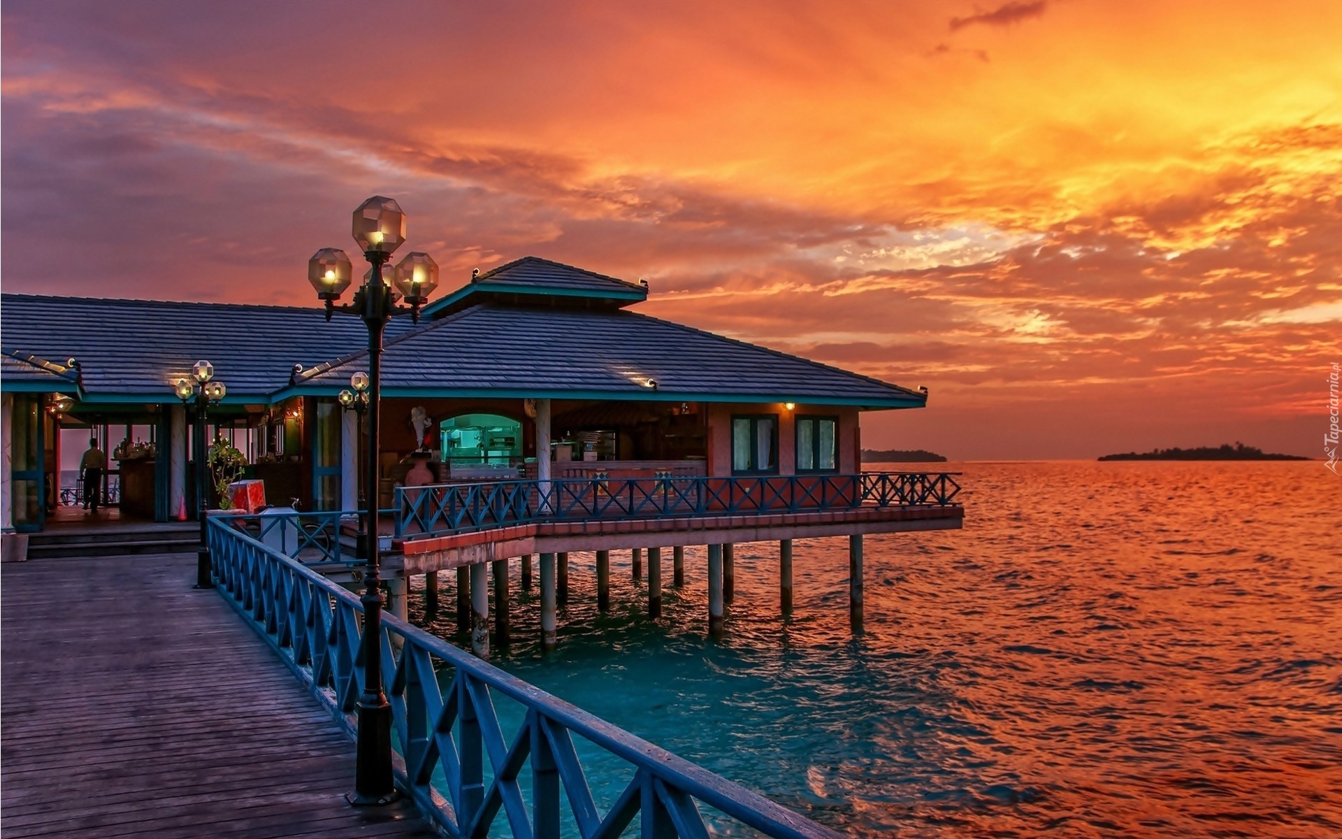 Restauracja, Malediwy, Wyspa, Ocean, Zachód, Słońca