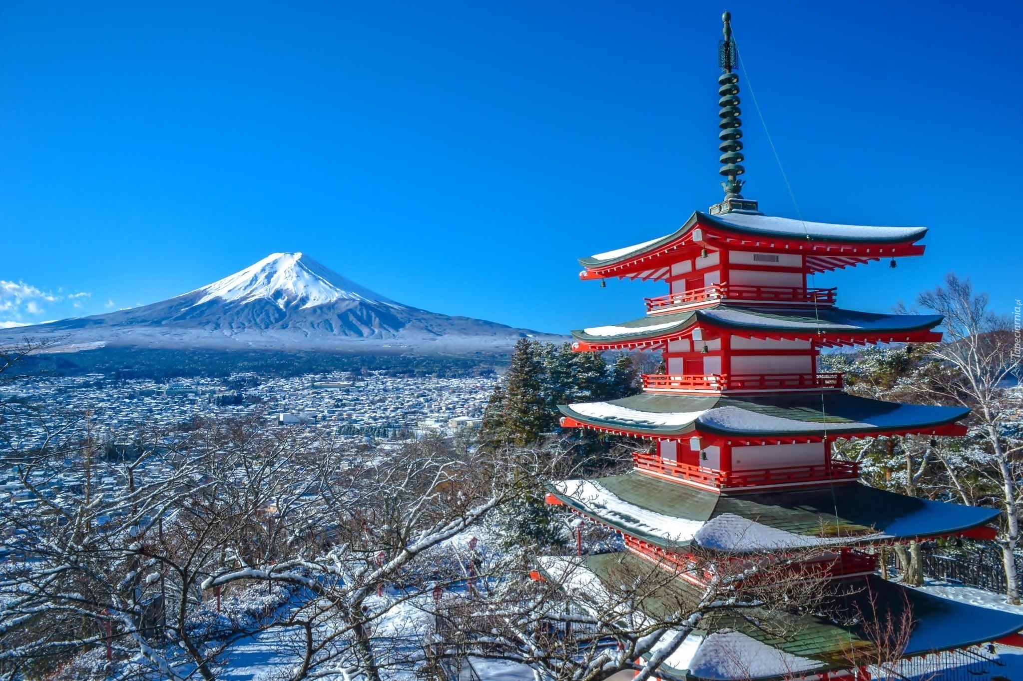 Świątynia, Fudżi, Wulkan, Miasto, Zima, Japonia