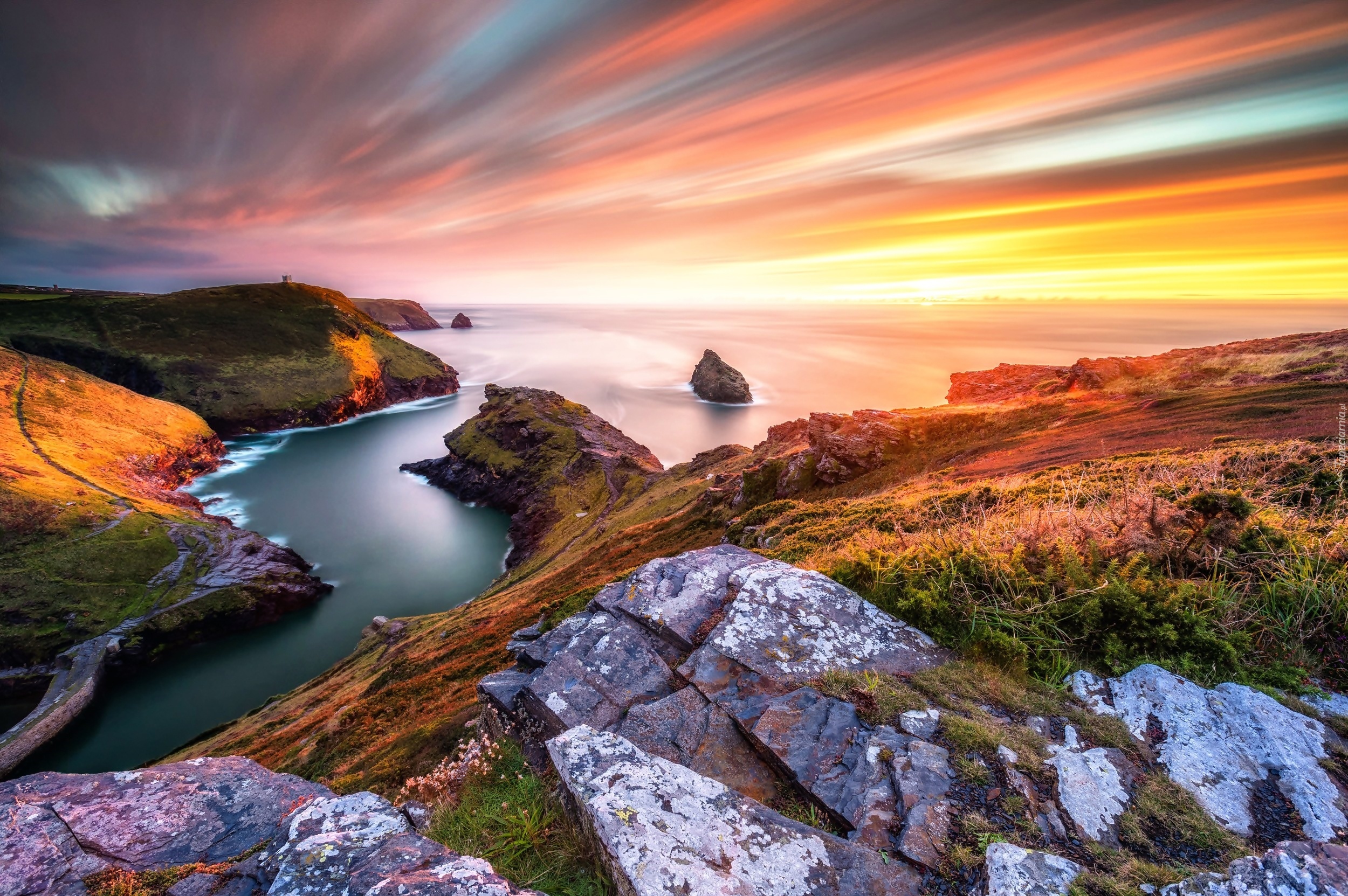 Skaliste, Wybrzeże, Piękny, Zachód, Słońca, Boscastle, Anglia