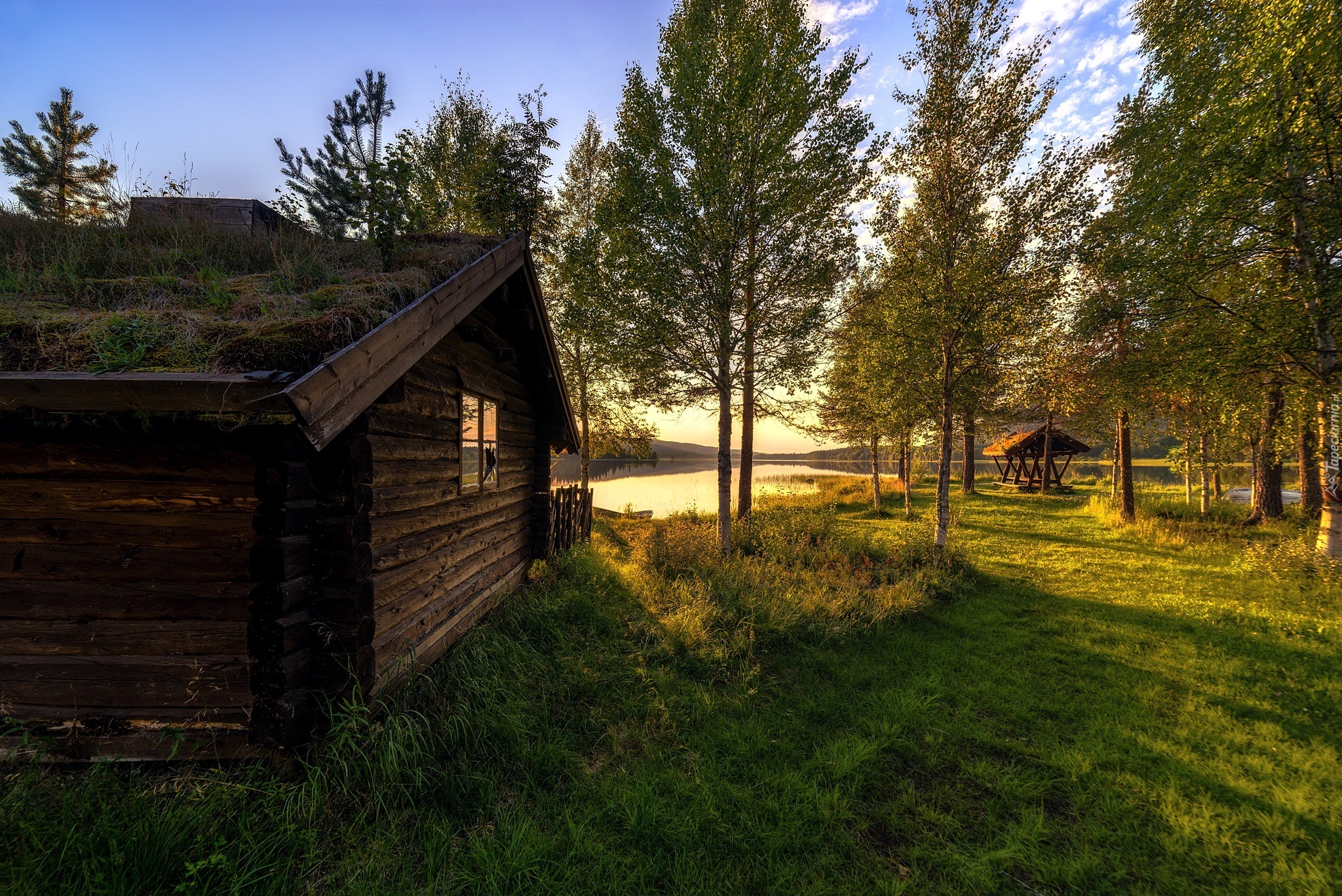 Norwegia, Vestby, Hedmark Fylke, Chata, Jezioro, Poranek, Przebijające Światło