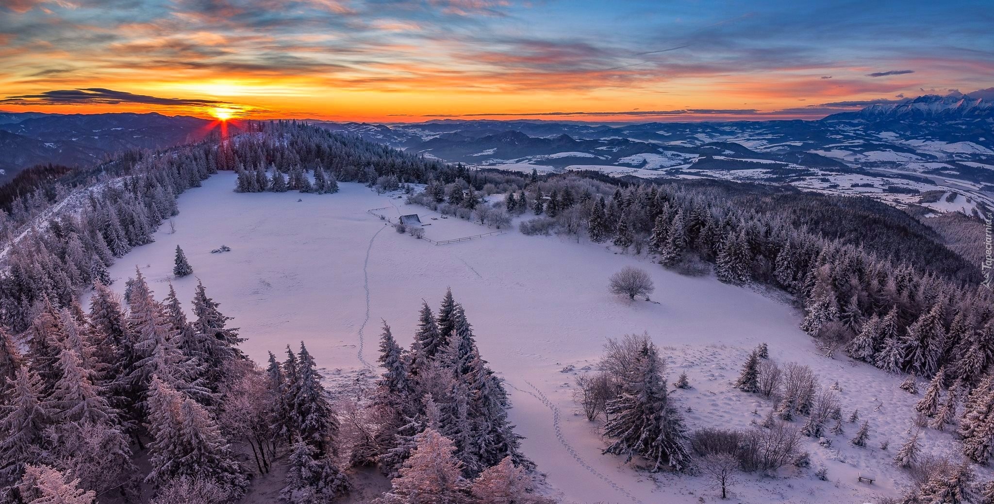 Zachód, Słońca, Zima, Śnieg