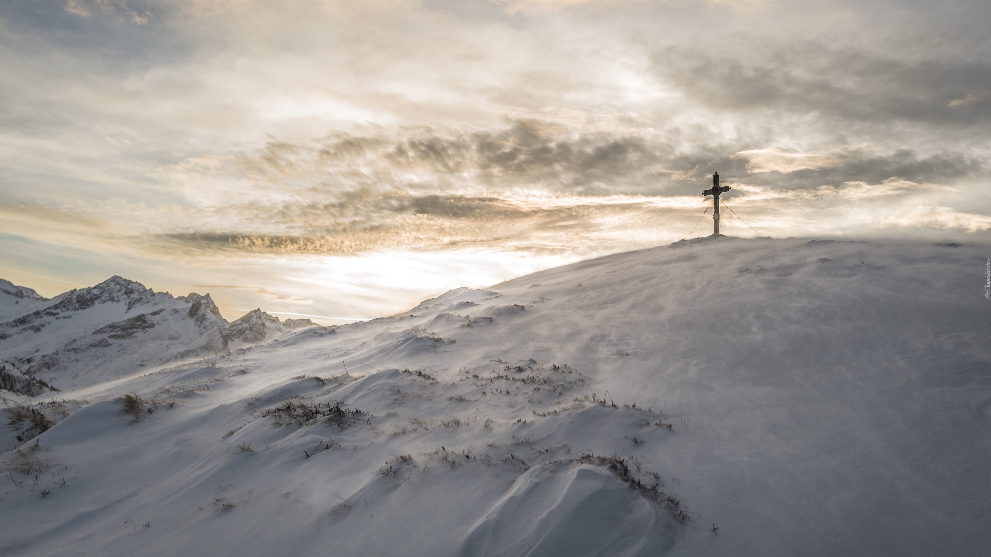 Góry, Alpy, Zimą, Austria, Śnieg, Krzyż