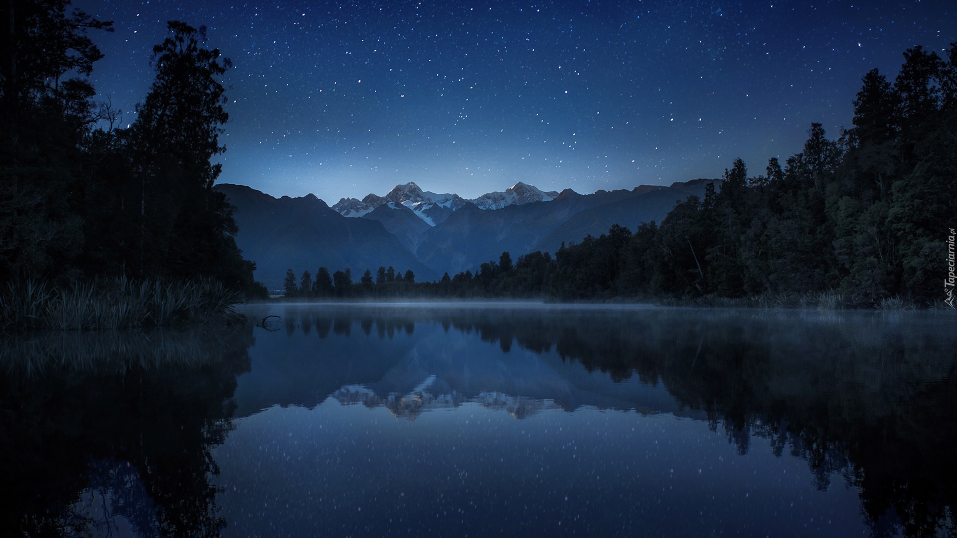 Noc, Góry, Niebo, Gwiazdy, Jezioro, Odbicie, Drzewa, Nowa Zelandia