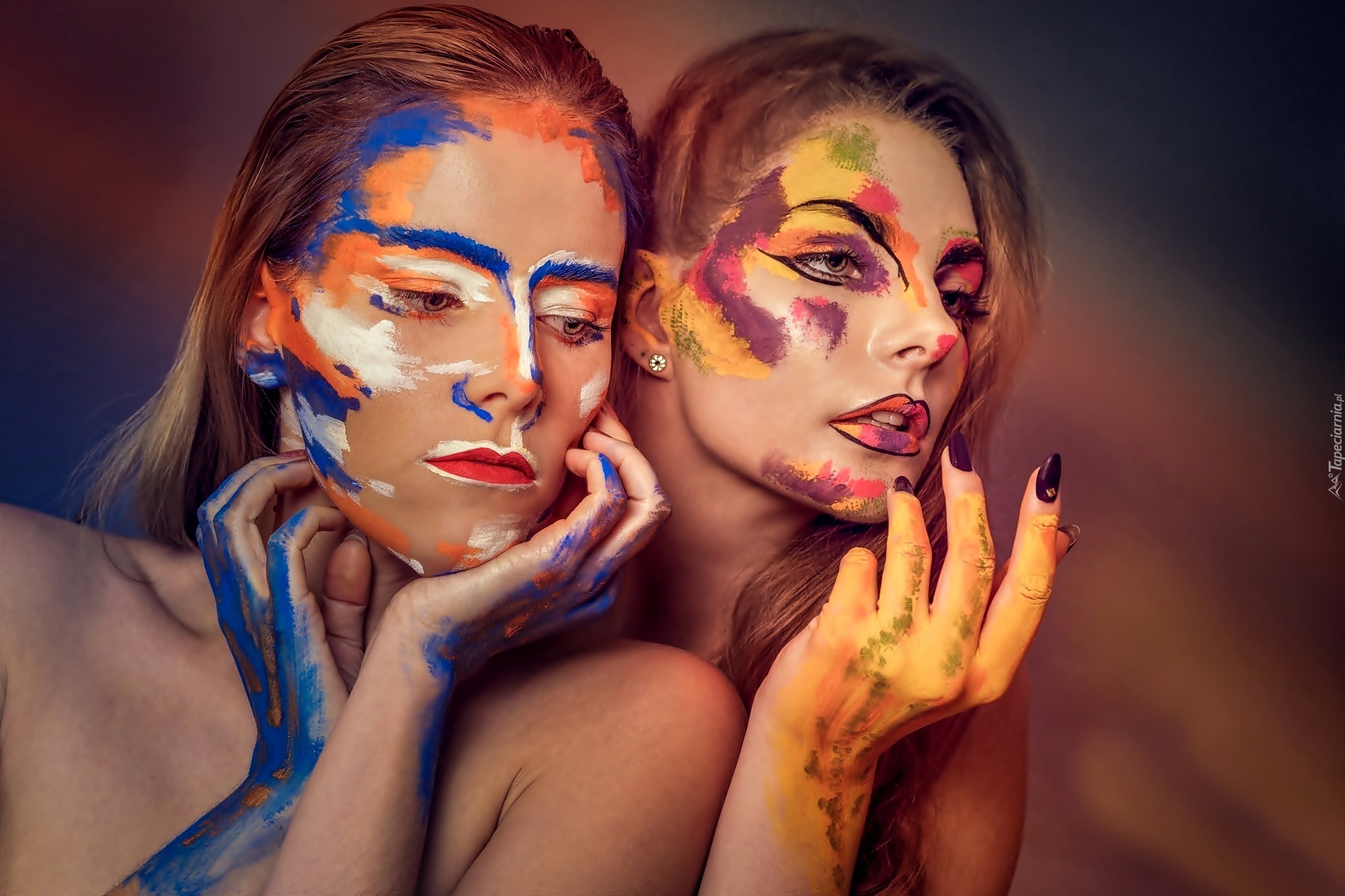 Kobiety, Twarze, Ciała, Farba, Bodypainting