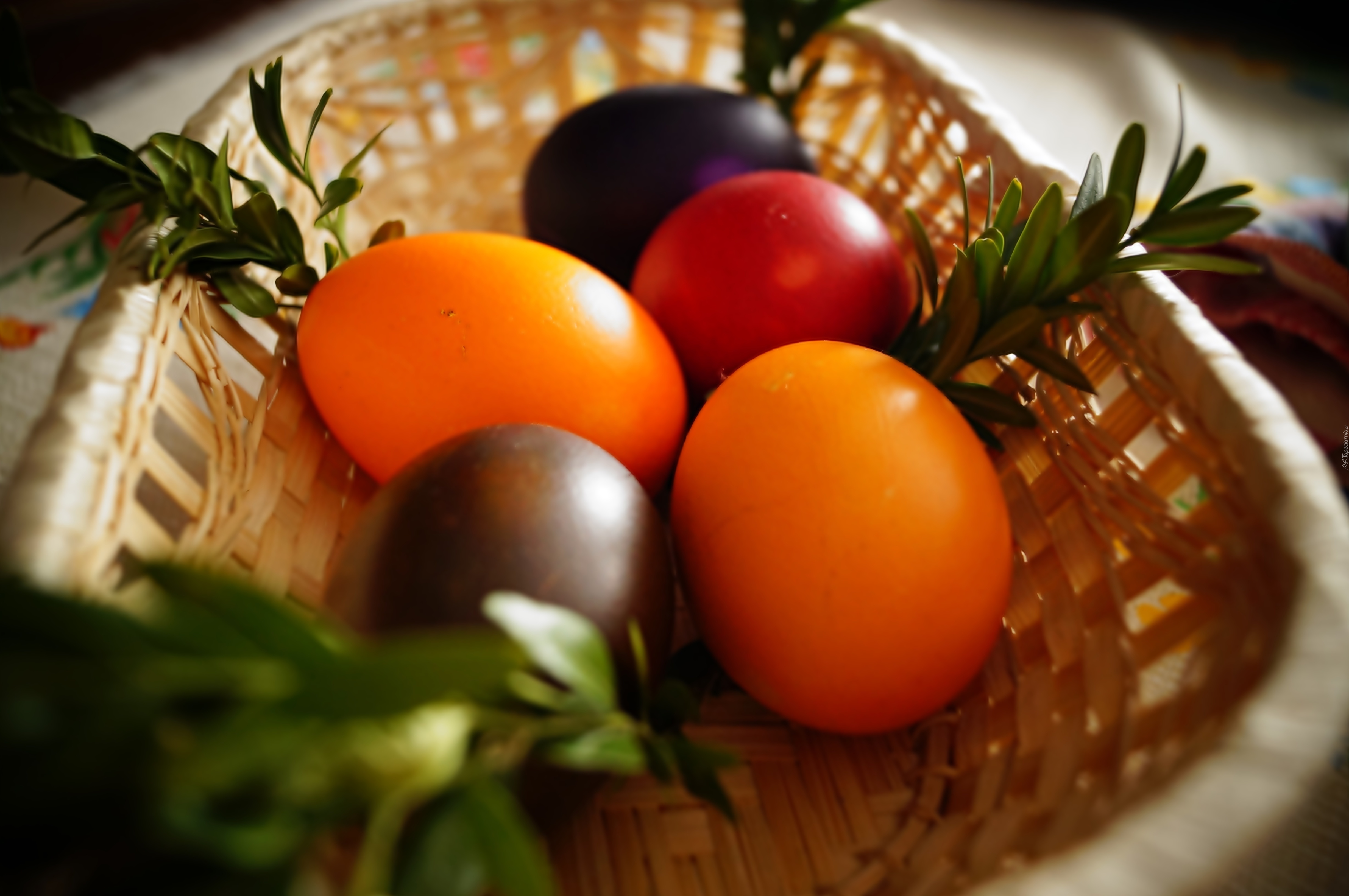 Wielkanoc, Kolorowe, Jajka, Gałązki, Bukszpanu, Koszyk