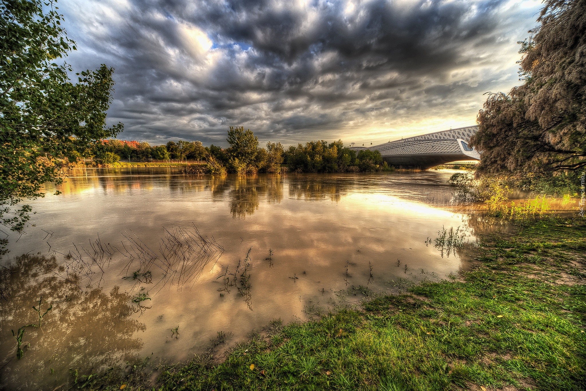 Niebo, Chmury, Rzeka, Most, HDR, Saragossa