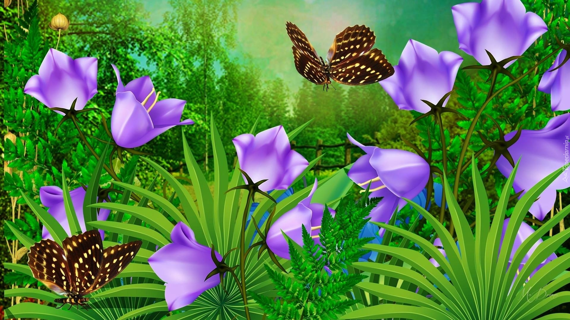 Kwiaty, Motylki, Trawa