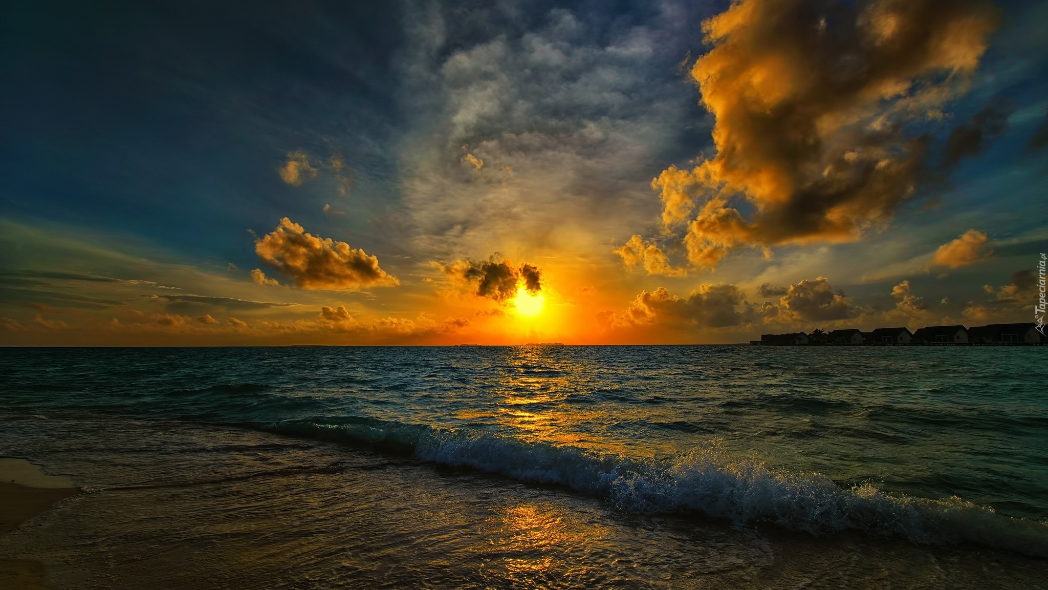 Morze, Zachód słońca, Chmury