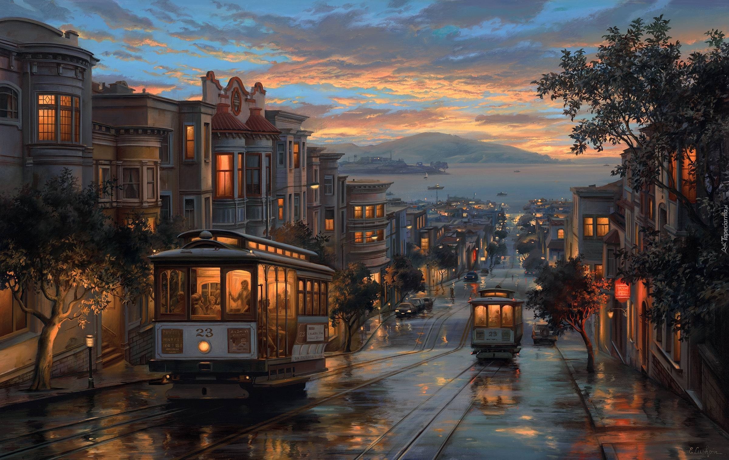 Artystyczne, Miasto, Ulica, Tramwaje, Malarstwo, Evgeny Lushpin