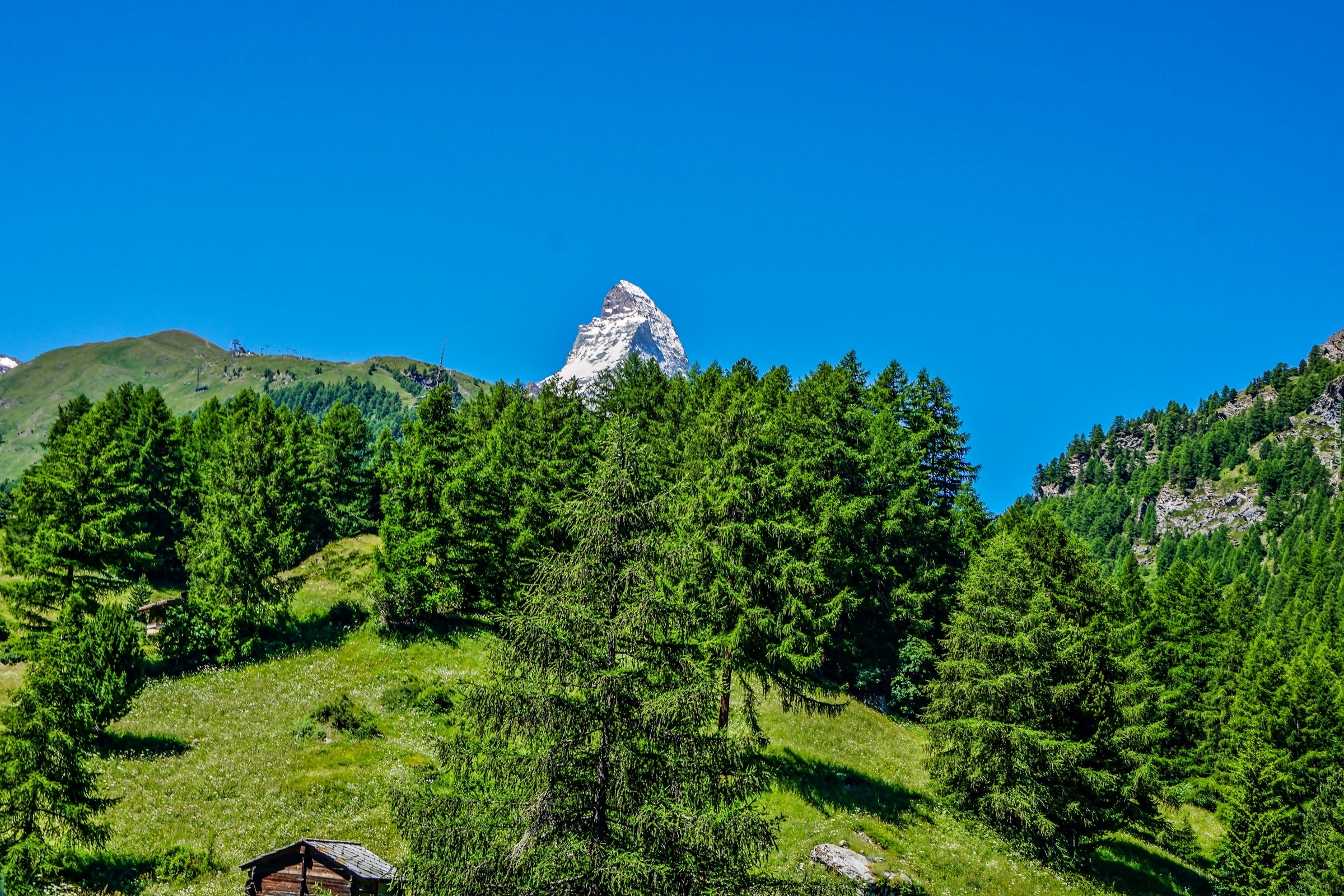 Góry, Las, Łąka, Szopy, Szczyt, Matterhorn, Szwajcaria