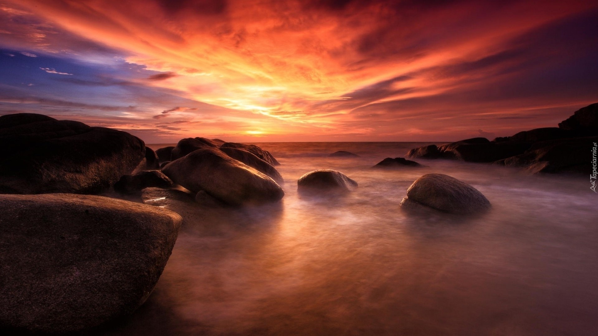 Morze, Zachód słońca, Kamienie