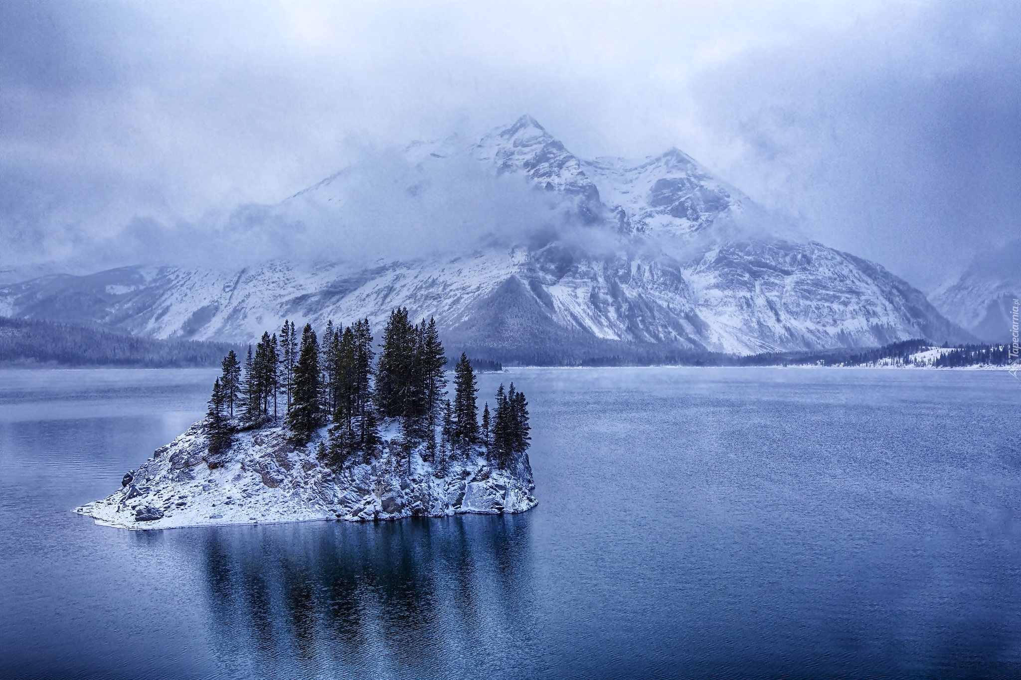 Zima, Góry, Drzewa, Jezioro, Mgła