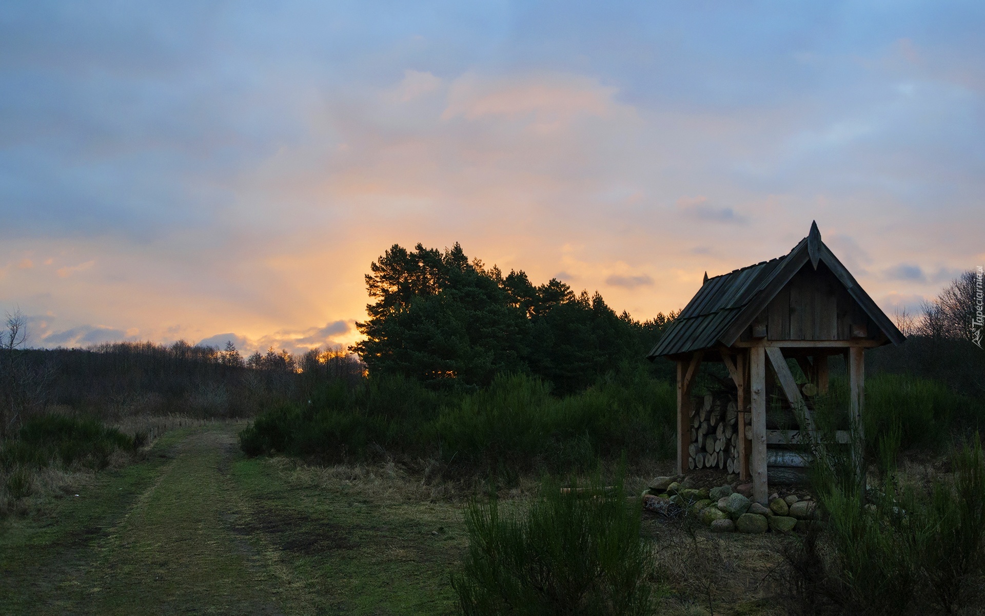 Wschód słońca, Poranek, Domek, Wiatka, Drewno