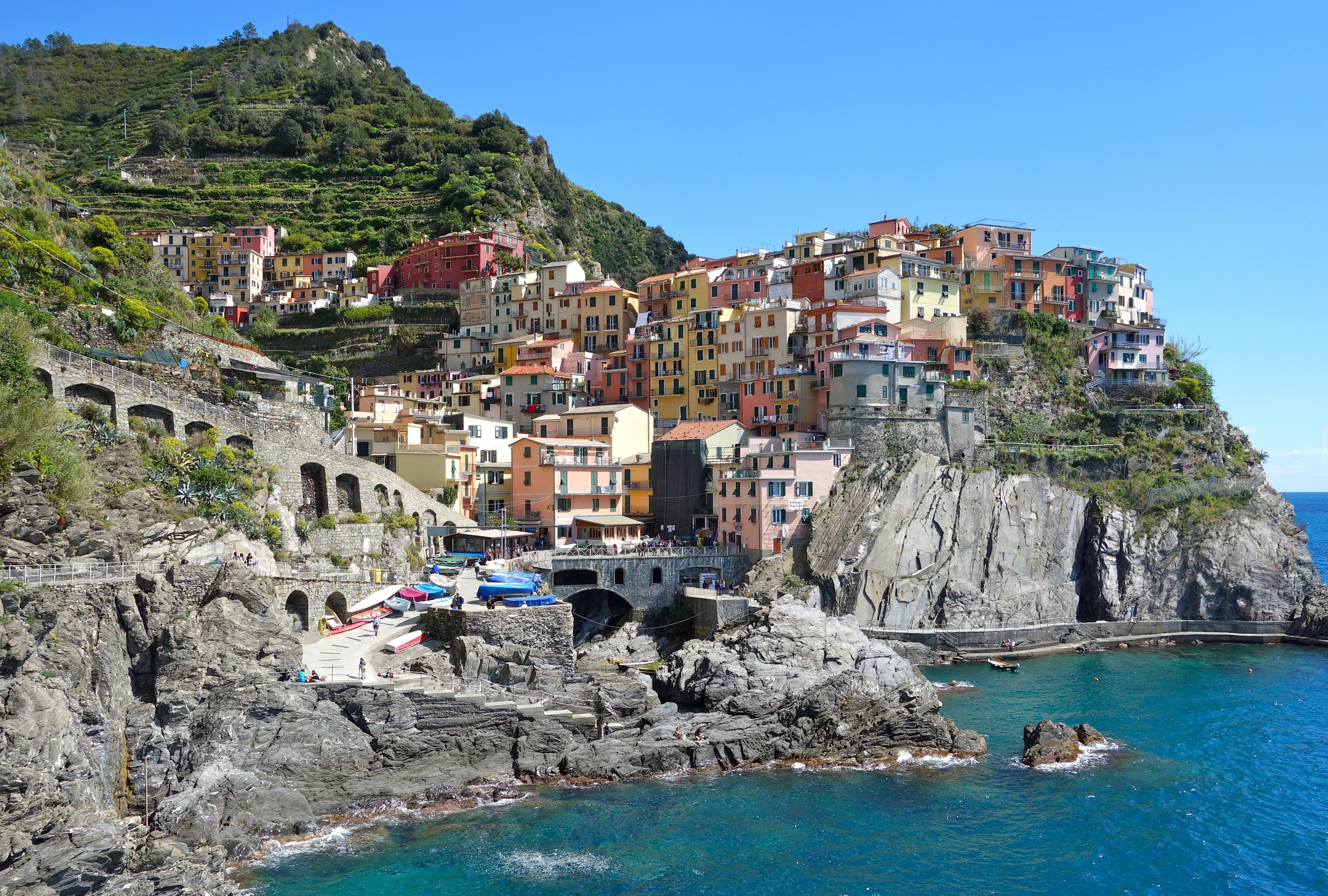 Włochy, Cinque, Terre, Manarola, Skały, Morze, Domy