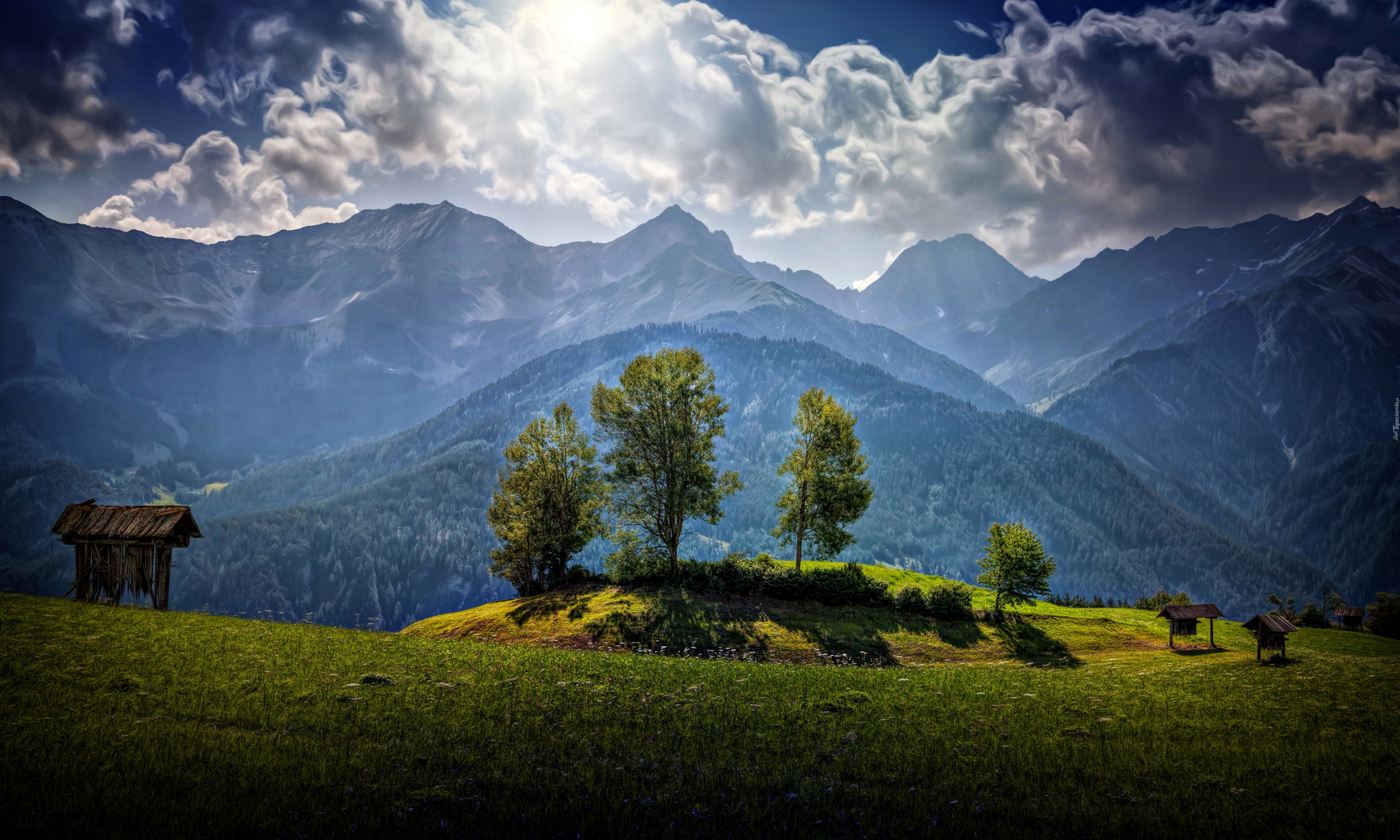 Góry, Las, Chmury,  Łąka, Przebijające, Światło, Austria, HDR