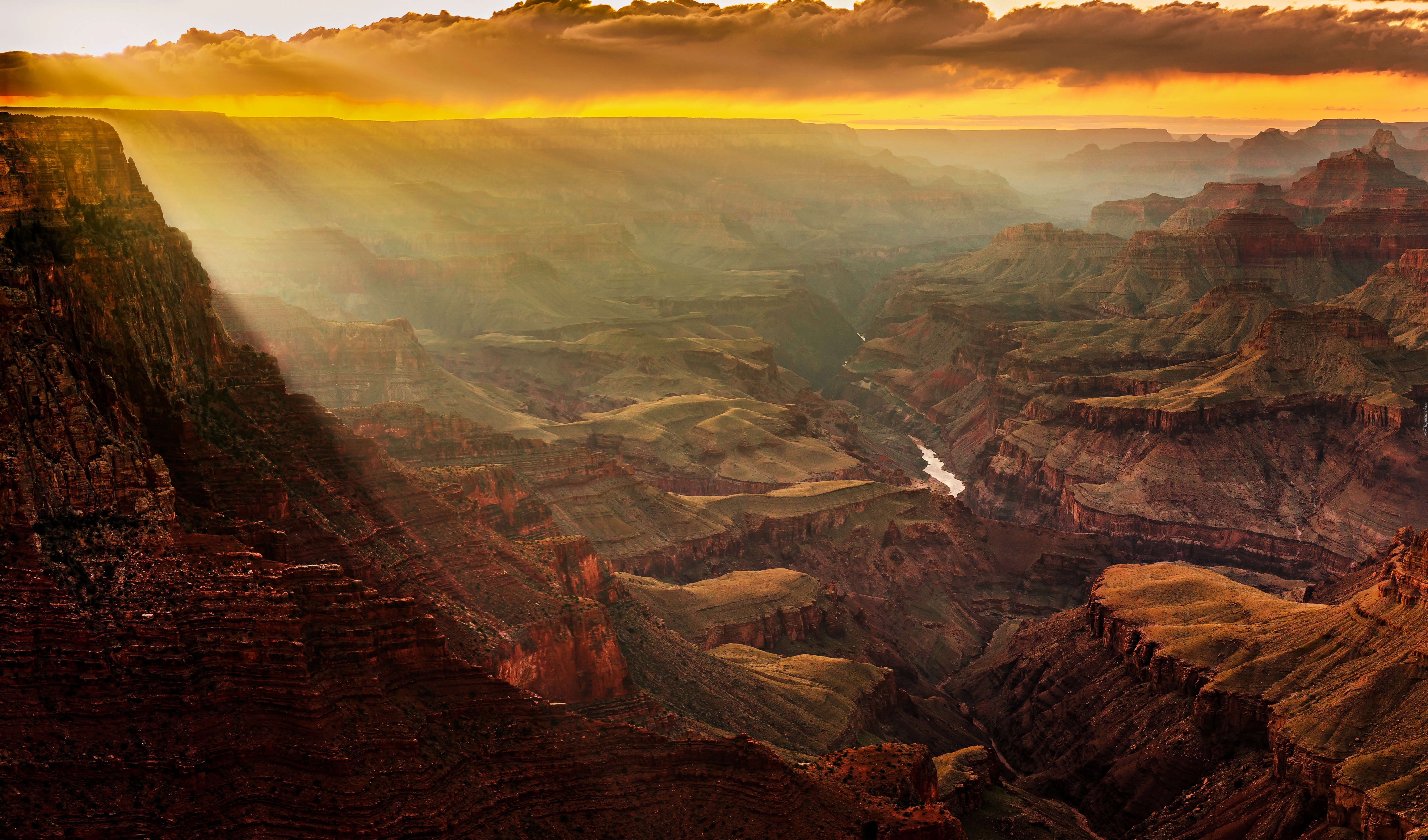 Wielki Kanion, I Rzeka, Kolorado, Chmury, Przebijające, Światło, Arizona, USA