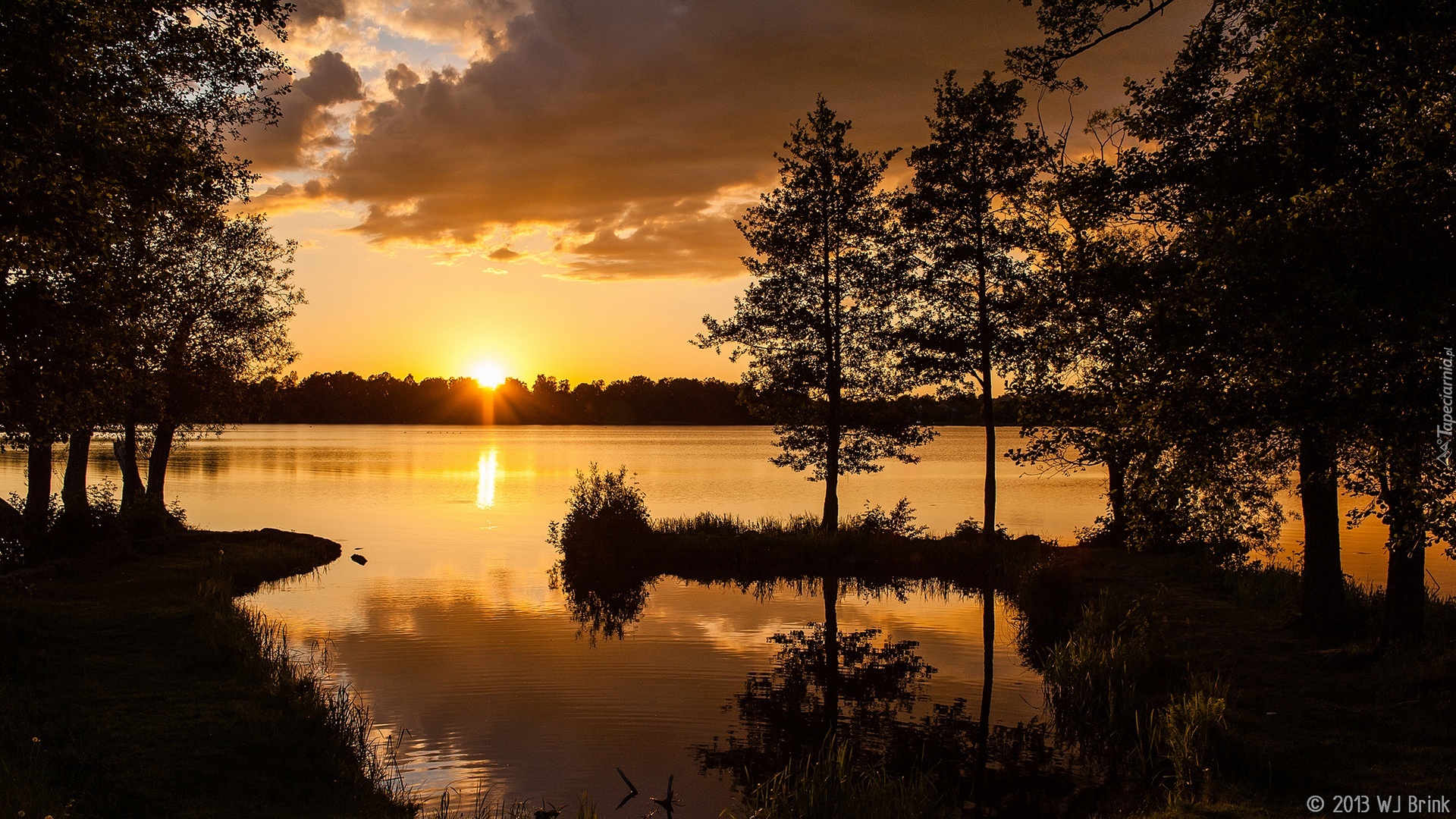 Jezioro, Zachód słońca, Las, Drzewa