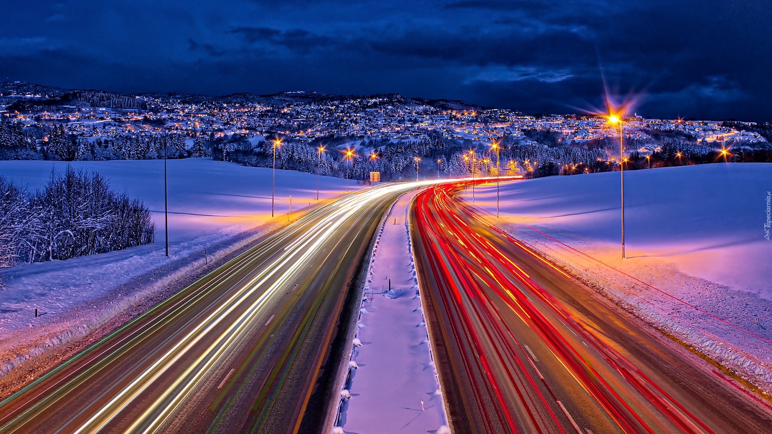 Zima, Droga, Panorama, Trondheim, Nocą, Norwegia