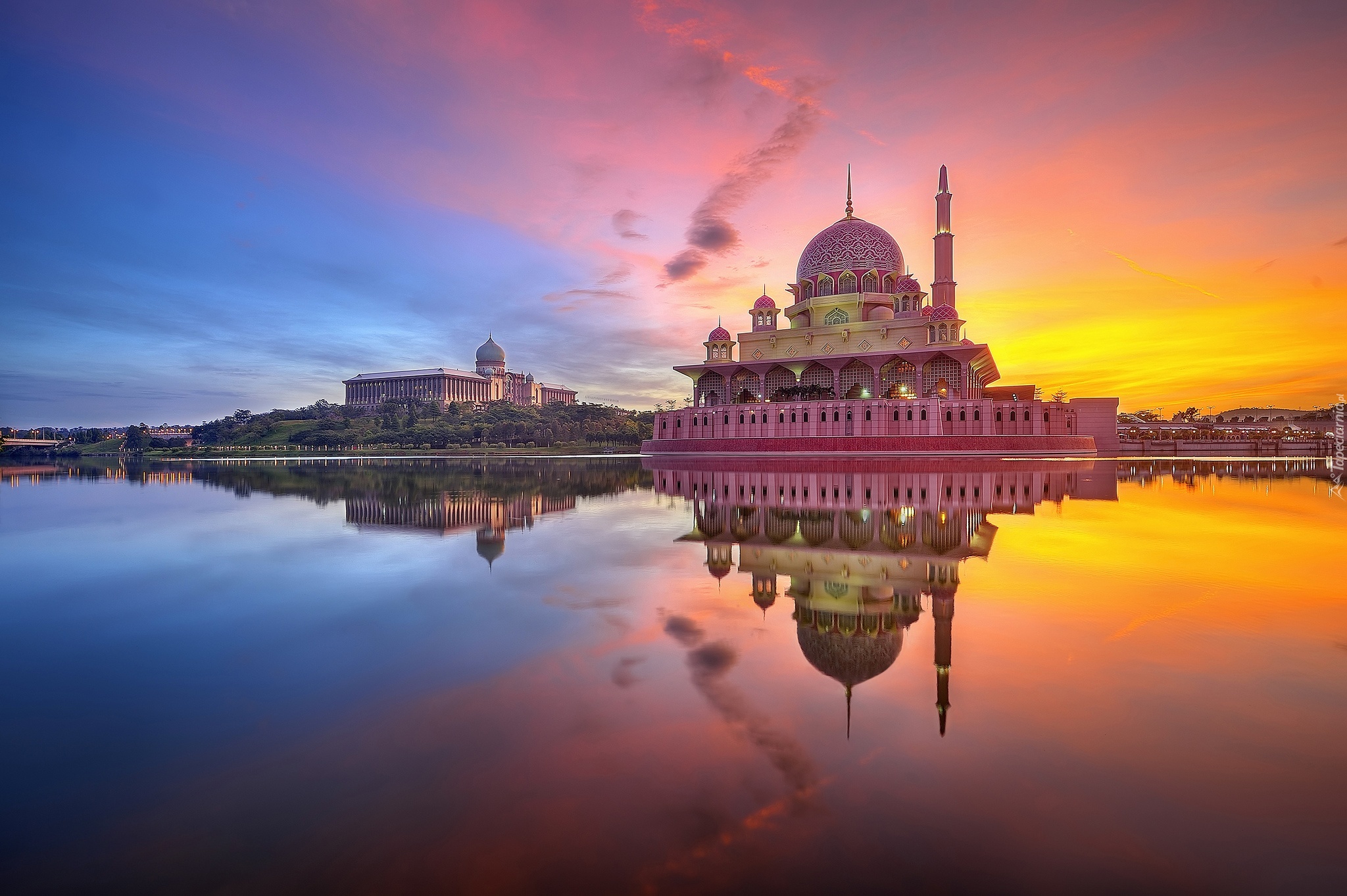 Meczet, Kuala, Lumpur, Zachód, Słońca, Jezioro, Odbicie
