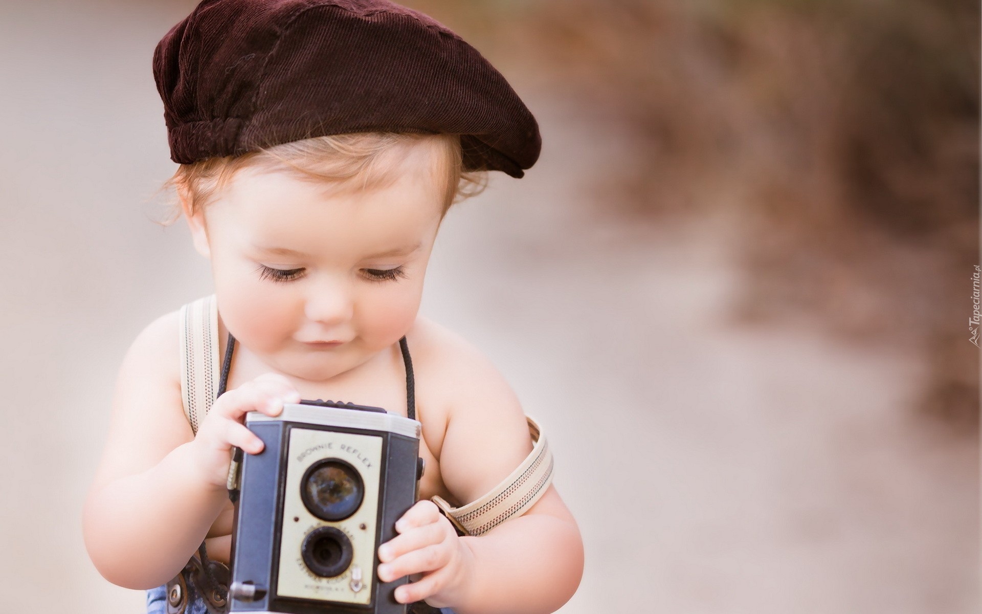 Chłopczyk, Dziecko, Beret, Aparat, Fotograficzny