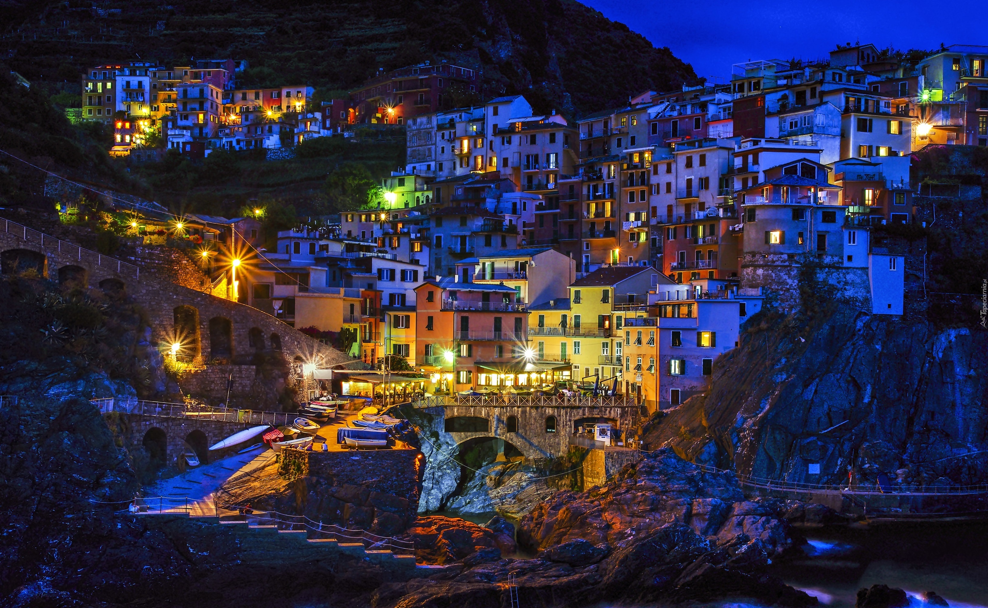 Domy, Manarola, Włochy, Panorama, Miasta, Nocą