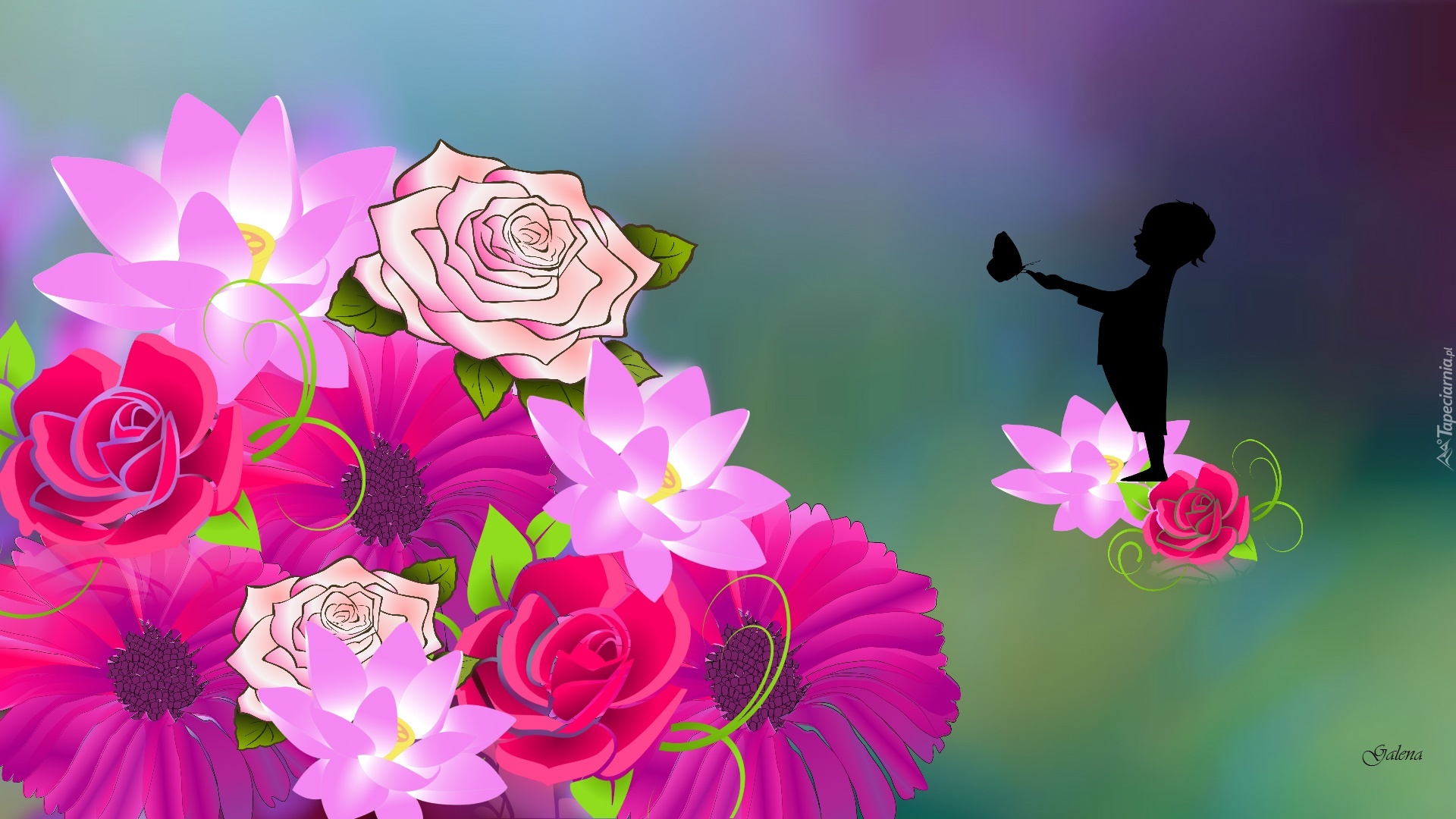 Różowe, Kwiaty, Chłopczyk, Motylek, Grafika
