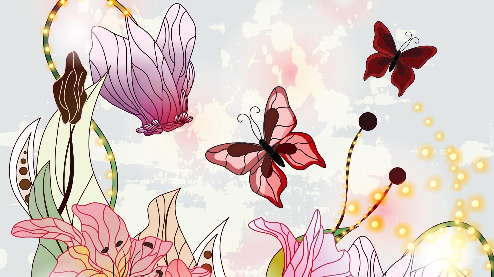 Grafika, 2D, Motyle, Kwiaty