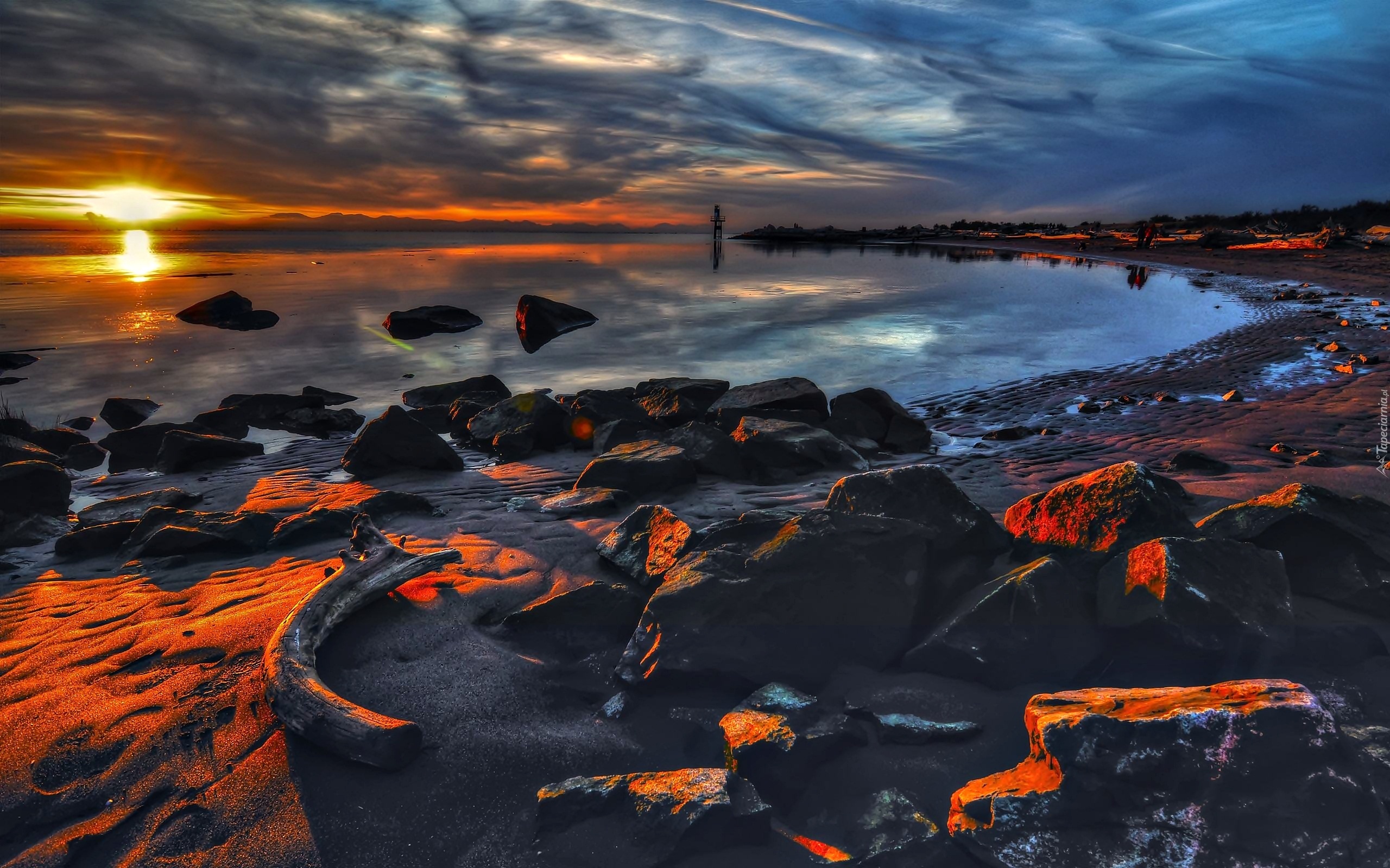 Morze, Brzeg, Kamienie, Zachód, Slońca