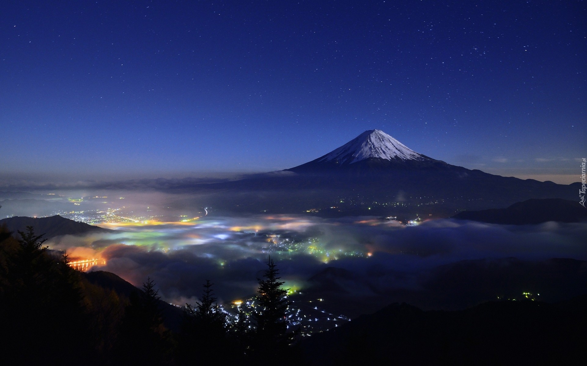 Japonia, Wulkan, Fudżi, Noc, Miasto, Mgła, Drzewa