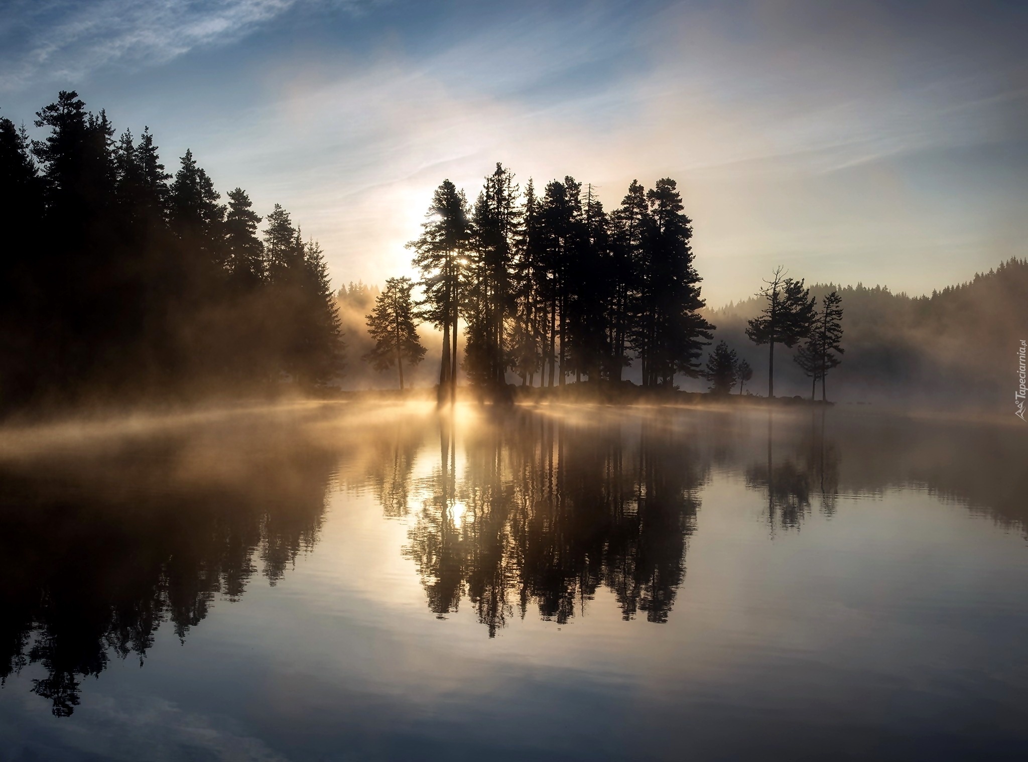 Jezioro, Drzewa, Mgła, Odbicie, Wschód słońca