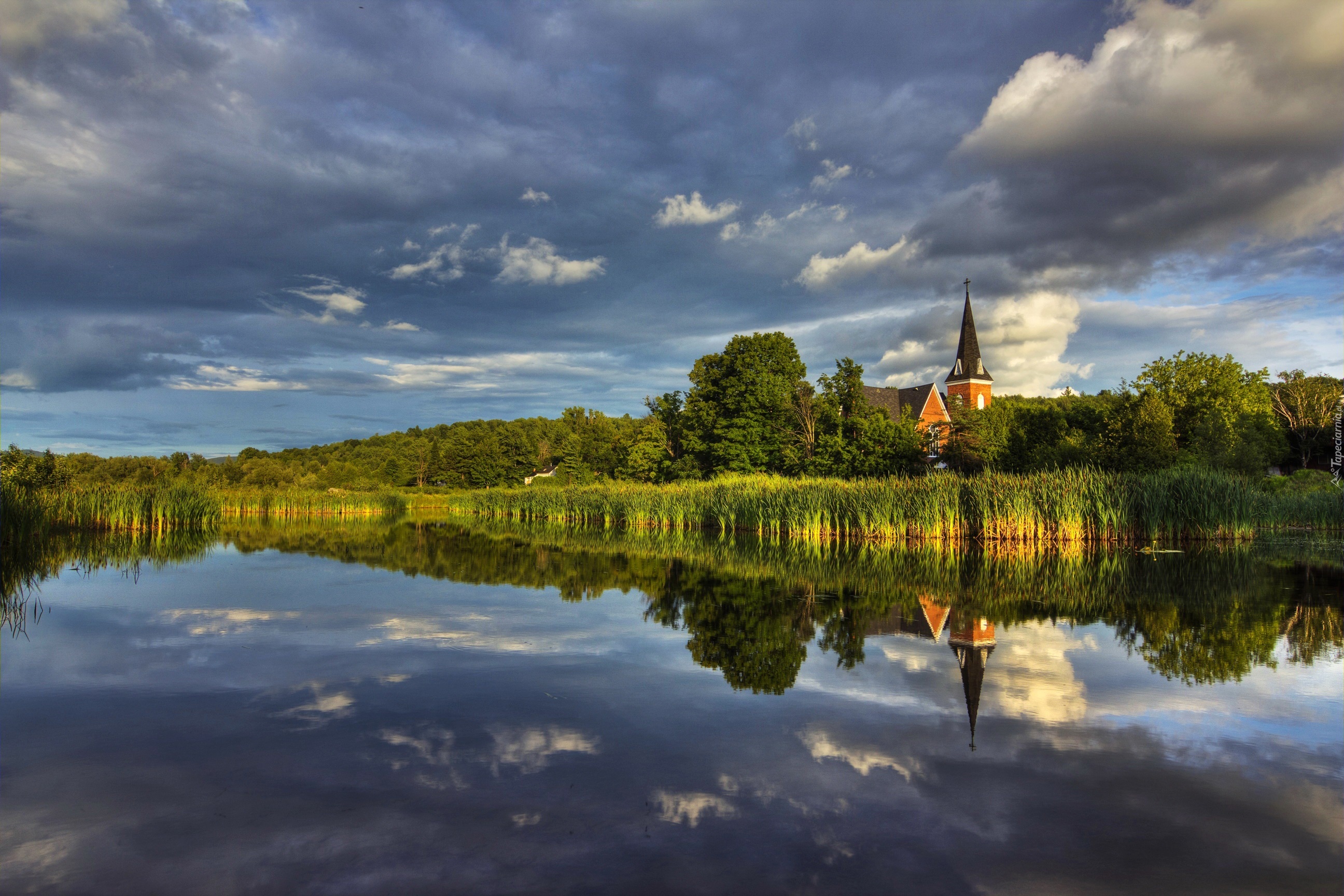 Jezioro, Szuwary, Drzewa, Kościół, Odbicie