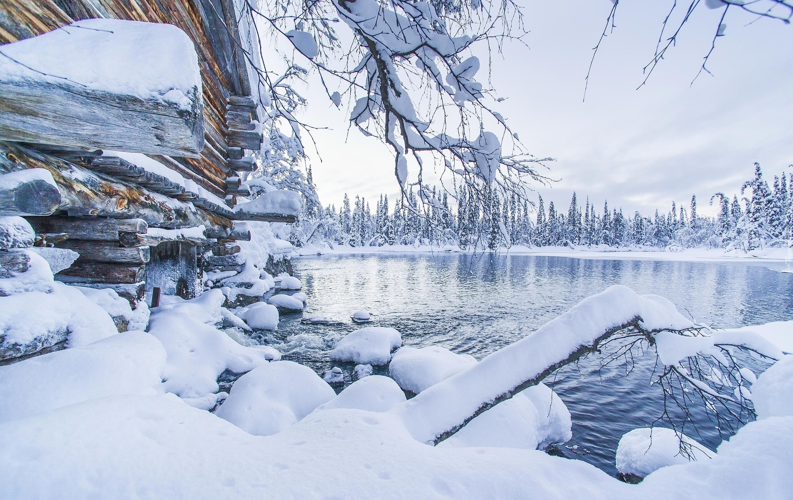 Śnieg, Drzewa, Dom, Jezioro
