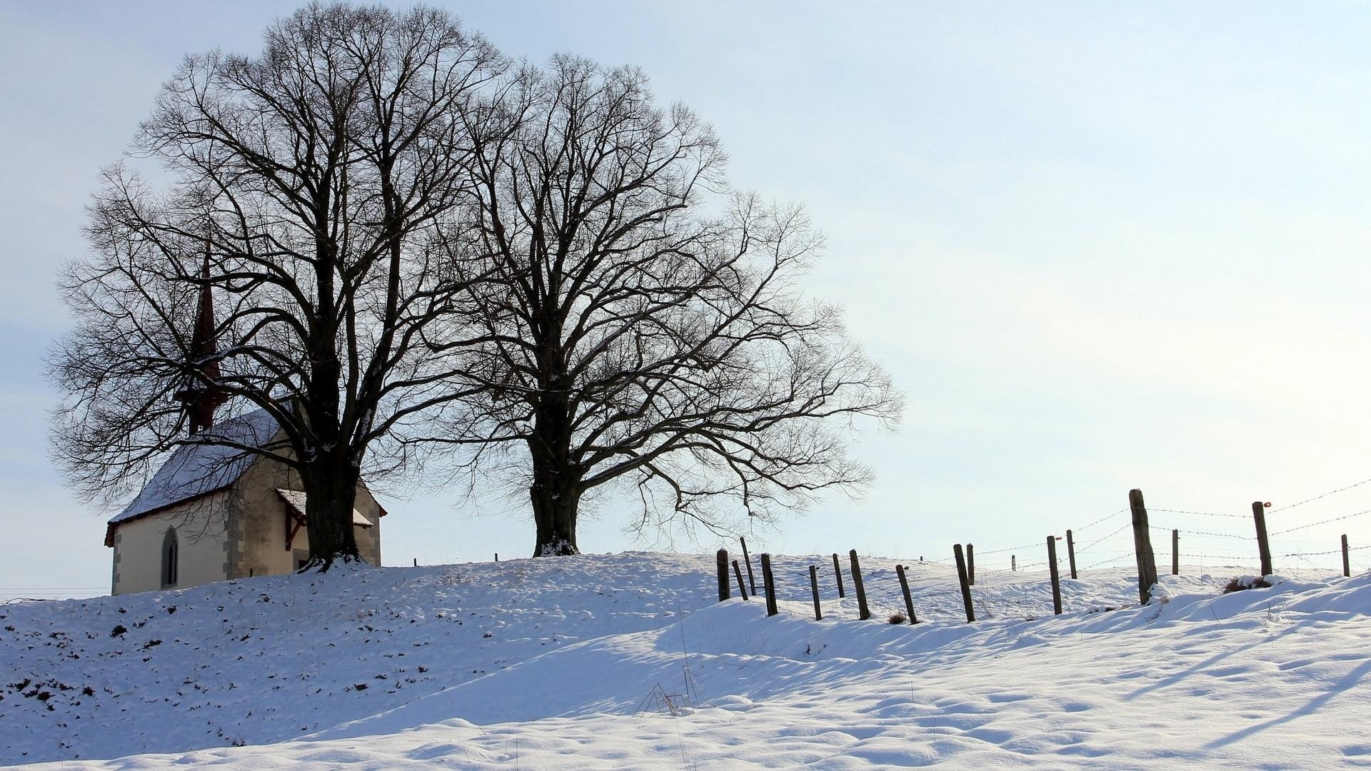 Śnieg, Kościół, Drzewa, Ogrodzenie