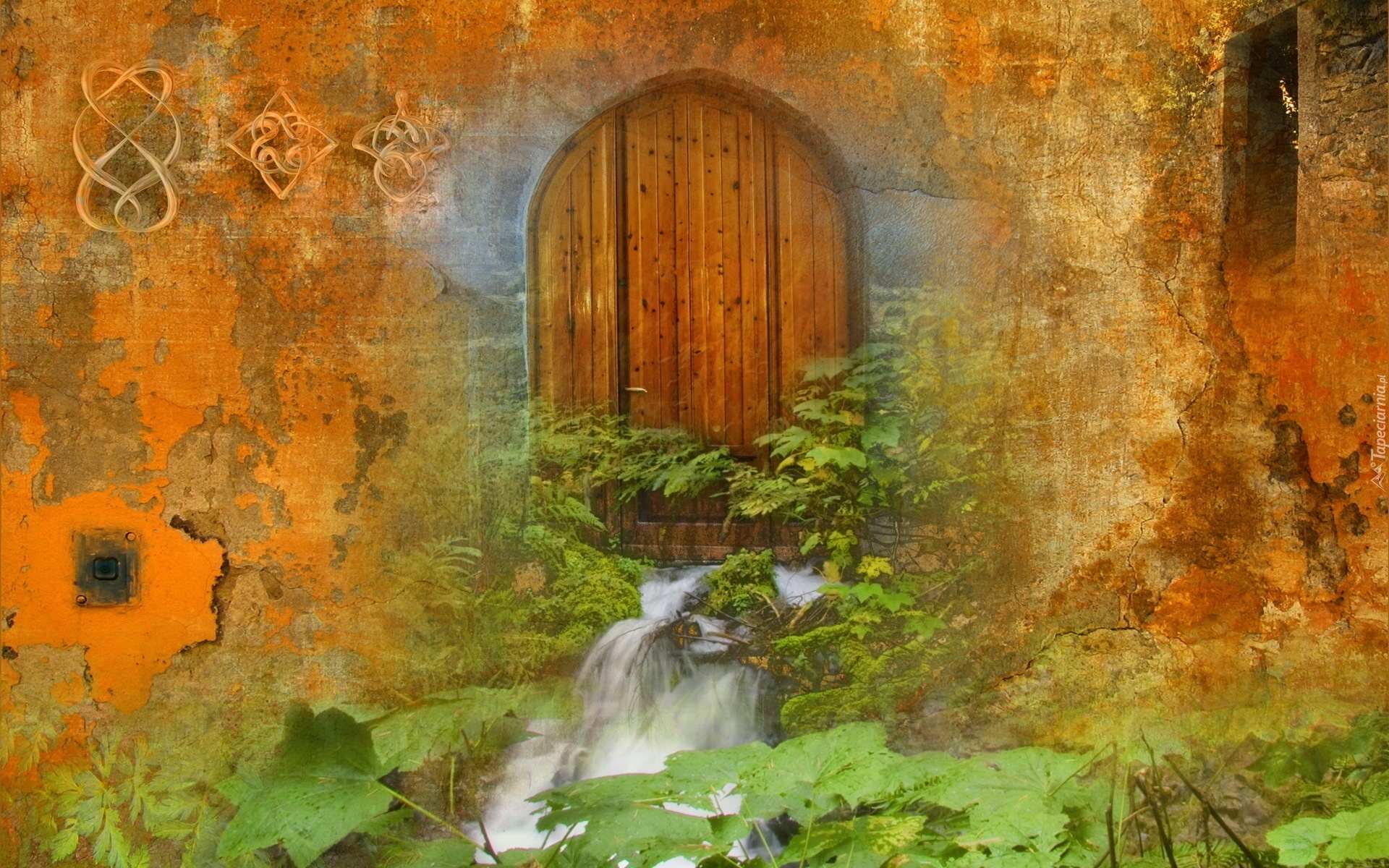 Wodospad, Drzwi, Roślinność, Ściana