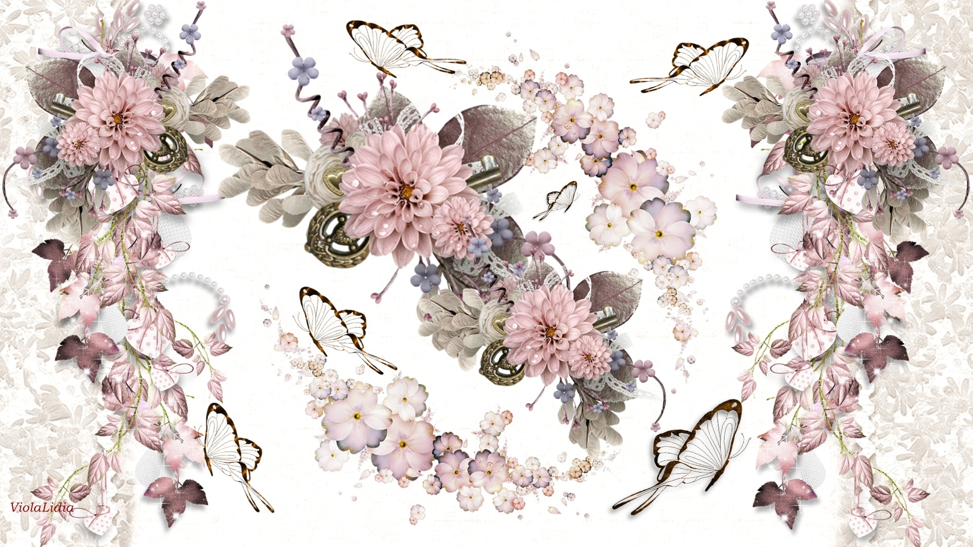 Grafika, Kwiaty, Motyle, Kompozycja