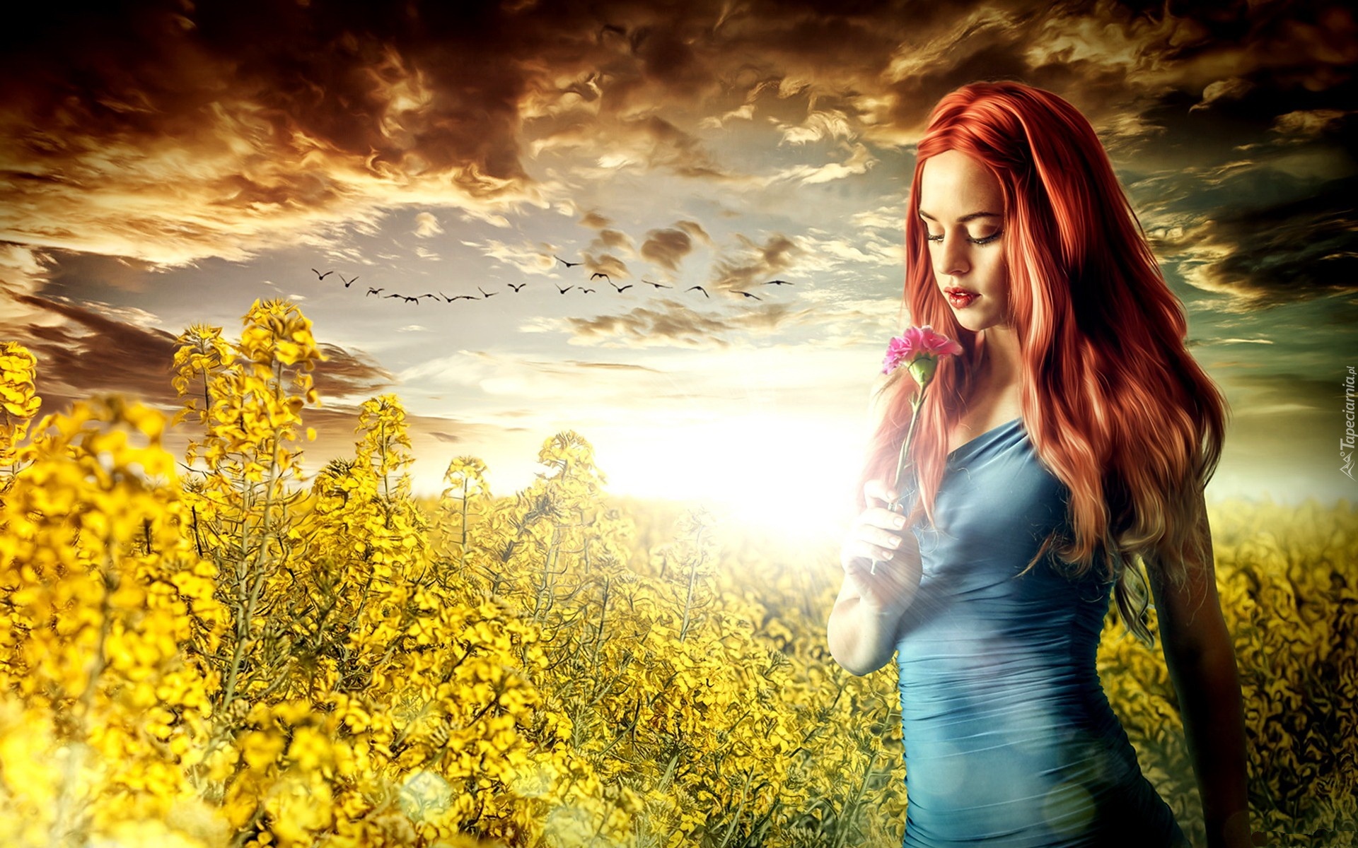 Трогательные душевные песни. Рыжая девушка Цветочное поле. Солнечная девушка фэнтези. Девушка и солнце. Рыжая девочка солнце.