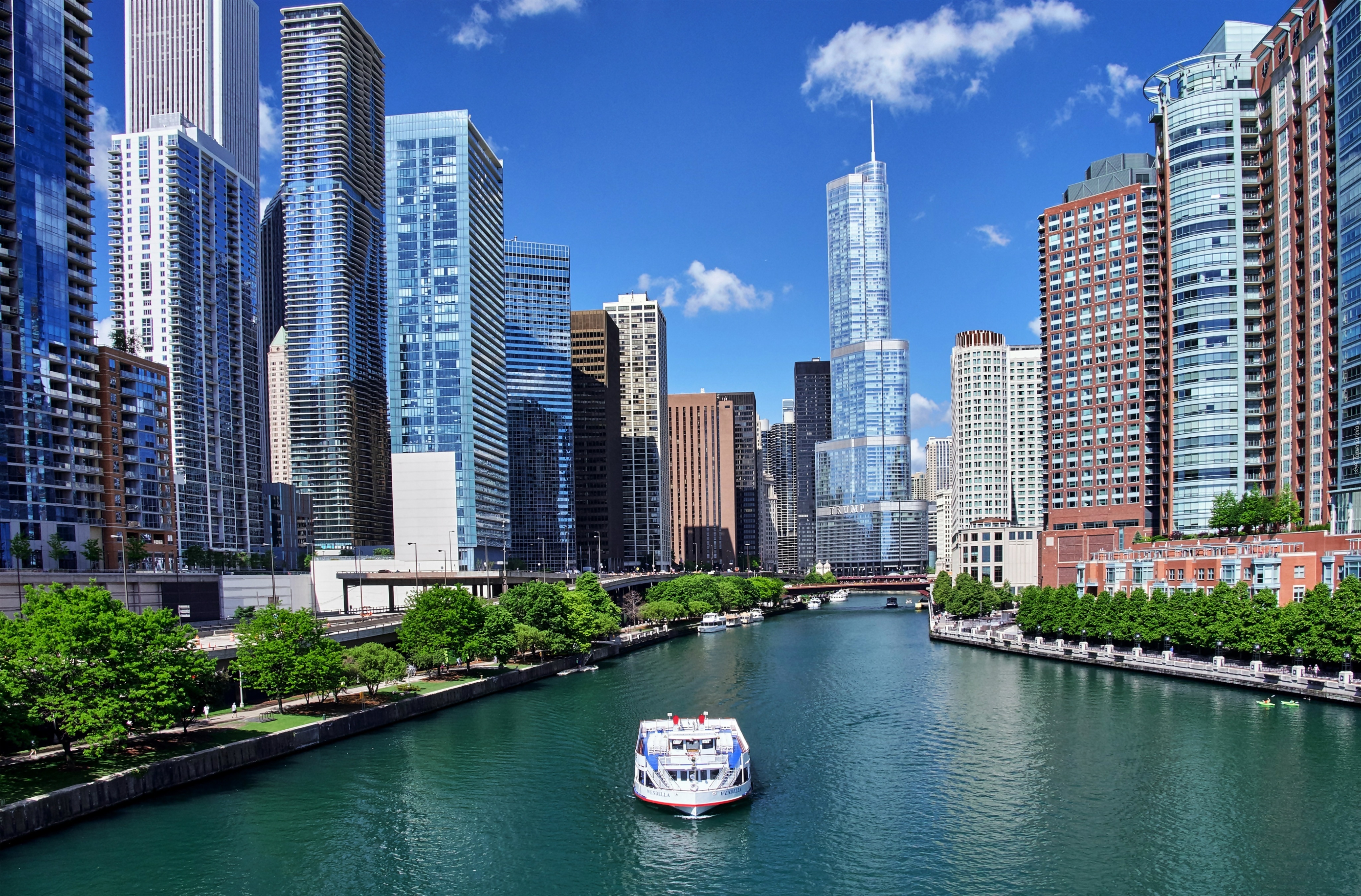 Rzeka, Statek, Wieżowce, Chicago, USA