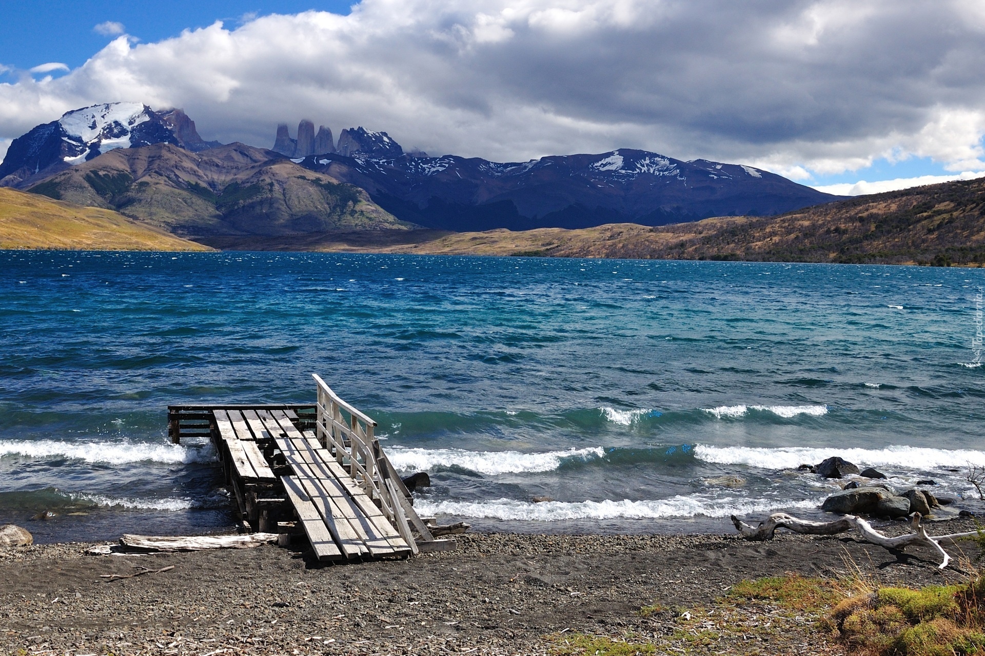 Wybrzeże, Chile, Góry, Zniszczony, Pomost, Jezioro