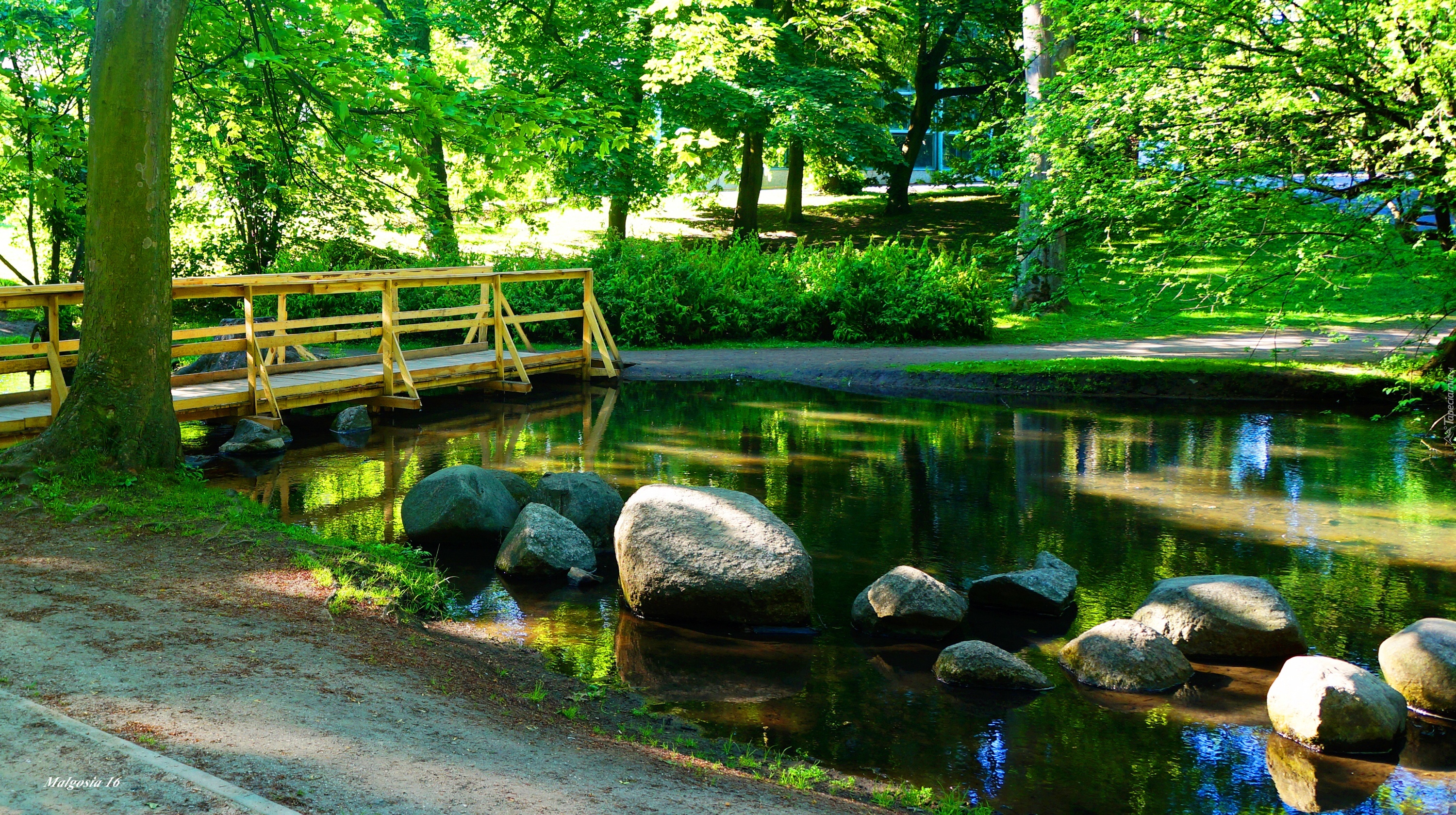 Park, Staw, Woda, Mostek, Kamienie, Drzewa, Zieleń