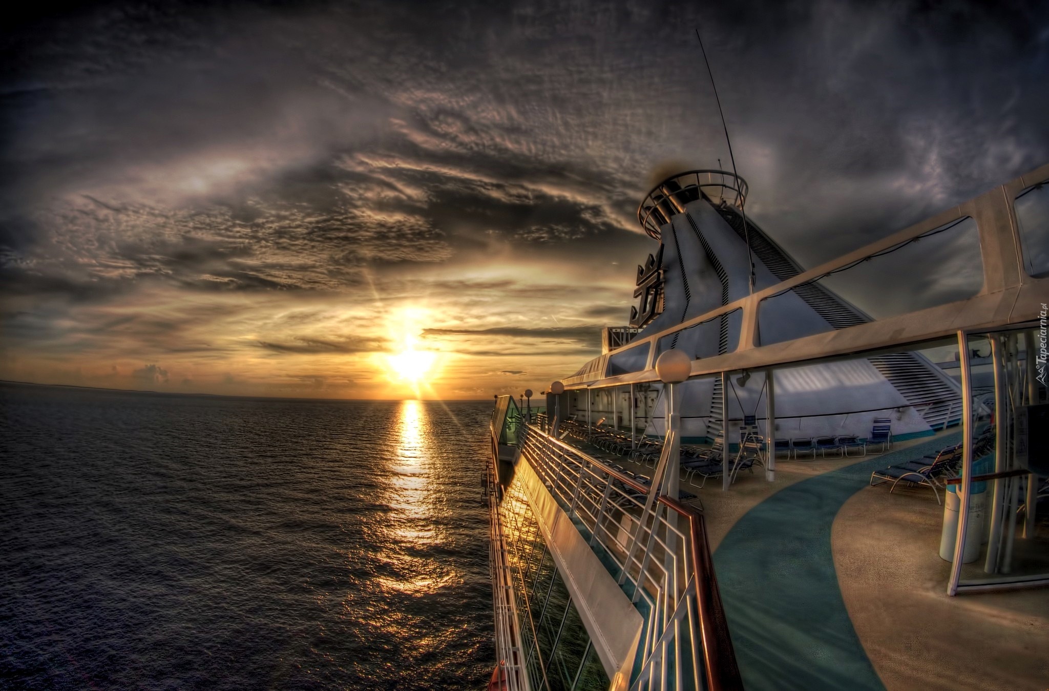 Statek, Liniowiec, Morze, Wschód słońca