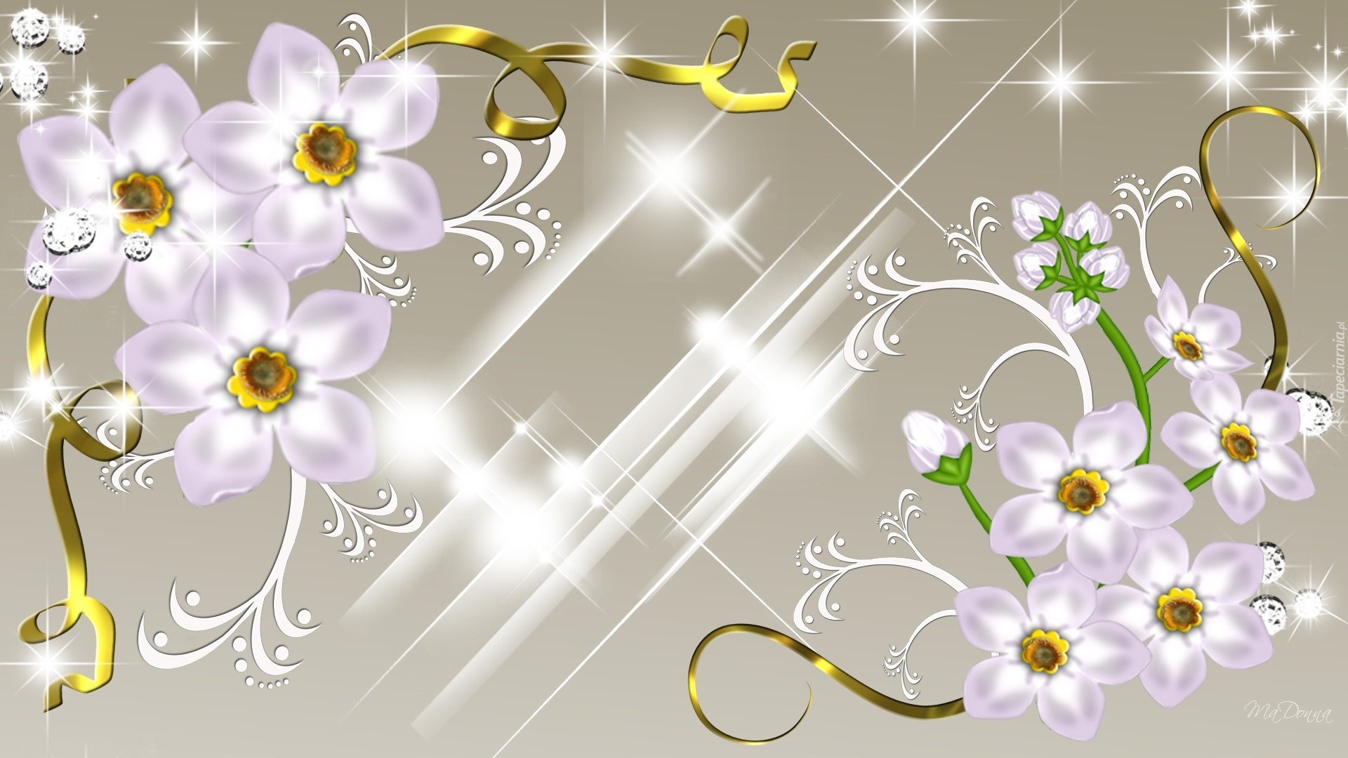 Kwiatki, Ornamenty, Złoty, Biały