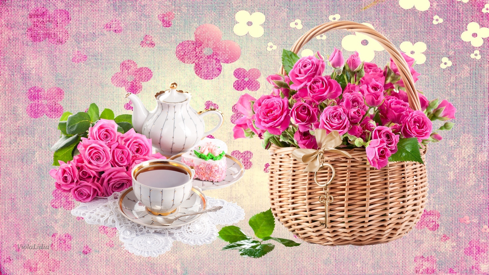 Grafika, Kawa, Ciastko, Kwiaty, Róże